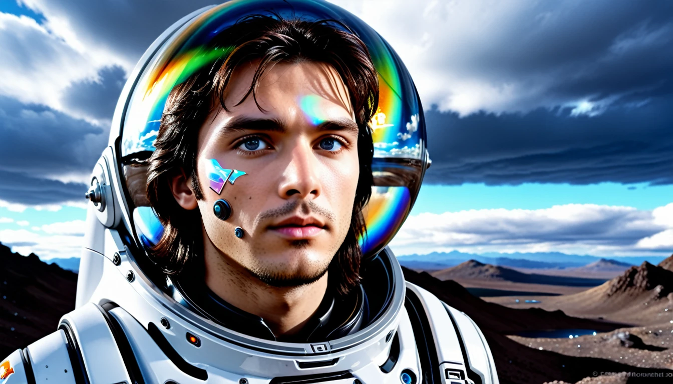 highest quality、masterpiece、ultra high resolution、(real:1.4)、Beautiful man AI、Beautiful details of eyes and skin、dark brown long hair、holographic visor covering left eye、perfect space suit、spaceship、macrocosm、Remains、rocky mountain、cloudy sky、ai doctor、holographic monitor、spaceship medical bay,