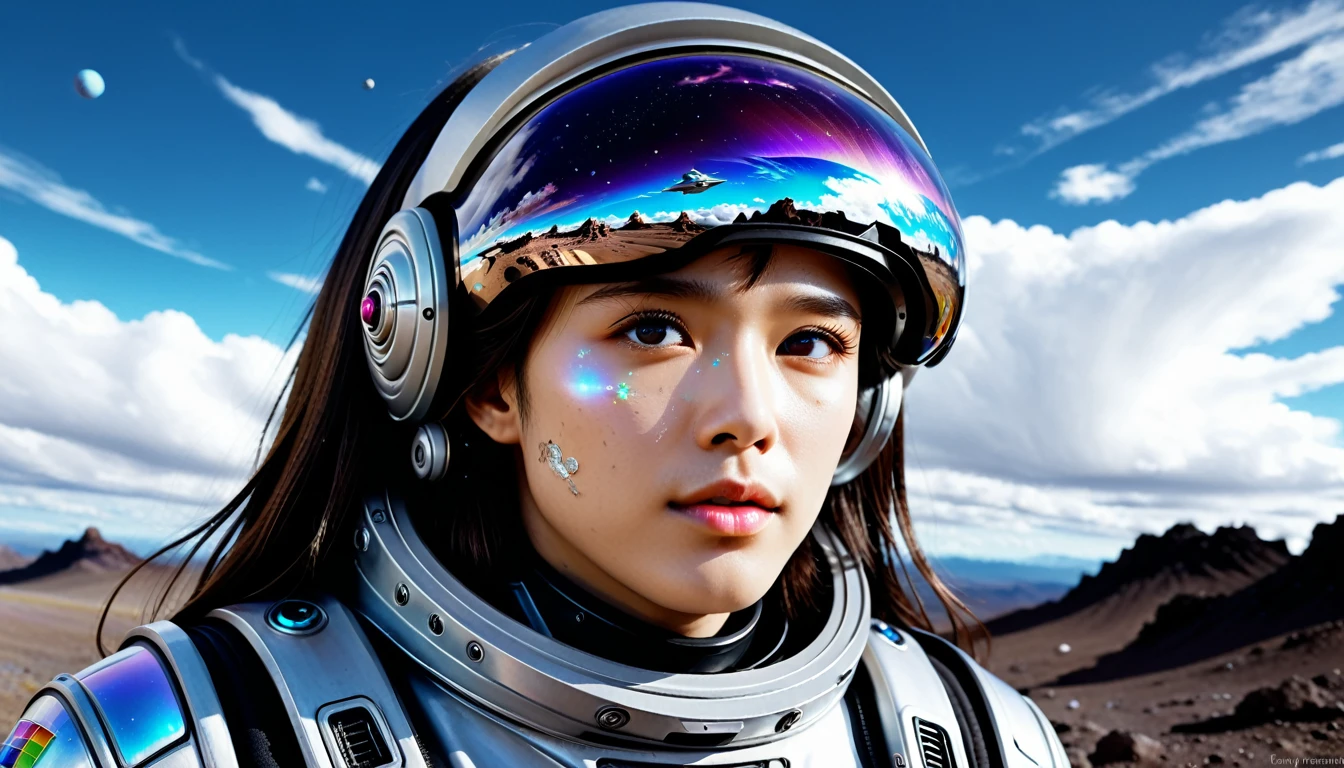 highest quality、masterpiece、ultra high resolution、(real:1.4)、Beautiful man AI、Beautiful details of eyes and skin、dark brown long hair、holographic visor covering left eye、perfect space suit、spaceship、macrocosm、Remains、rocky mountain、cloudy sky、ai doctor、holographic monitor、spaceship medical bay,