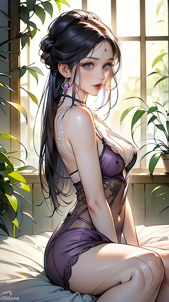 ((((Highest quality))))、(((Ultra-precision CG16K wallpaper)))、(((masterpiece)))、(((Super detailed)))、(((Extreme detail)))、((１Mature 29 year old woman:1.6))、((Very beautiful Japan face of a person))、((Urizane Face:1.8))、((Medium Straight Hair:1.6))、(Shiny Hair)、A delicately drawn beautiful face、(Dark Eyes、Reflected light from the eye)、double eyelid、High nose、Small nostrils、Small Mouth、Seductive lips、Beautiful breasts、((B cup size breasts))、Cleavage、A small vertical belly button、Delicate nails、Beautiful feet、((Thin thighs))、eight-headed body、Perfect proportions、Perfect Anatomy、Perfect composition、Beautiful detailed shading、Beautiful, natural lighting、Beautiful detail glow、Depth of written boundary、(((High chroma)))、(((Real:1.9)))、((vivid:1.5))、((Beautiful Skin))、((Skin Texture))、((Realistic skin feel))、(((Cowboy Shot:1.6)))、(((front view、shoot from front、front low angle:1.6)))、(((Half-open mouth、Half-open eyes:1.5)))、(((looking at camera:1.6)))、Bright daylight、Natural light、(((background_Bedroom、Foliage plant:1.5)))、(Sitting pose:1.6)、(((Light purple see-through lace negligee:1.6)))、((choker、Wearing earrings:1.5))、(((Woman sitting on bed:1.6)))、