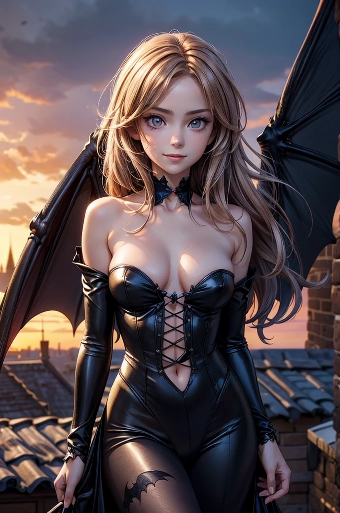 Anime personage, (((Photorealistic))), full-length portrait, (cute woman with realistic bat's wings), on a small roof In the old Gothic town, Sunset, (Detailed face and magic eyes), (extremely sexy), naked, pleasure, perfect body, expression enjoyment, seductive, luminism, autumn aura, Cinematic lighting, messy hair, windblown, Professional photography, little smile, fine facial traits, slim physique, (Depth of field)