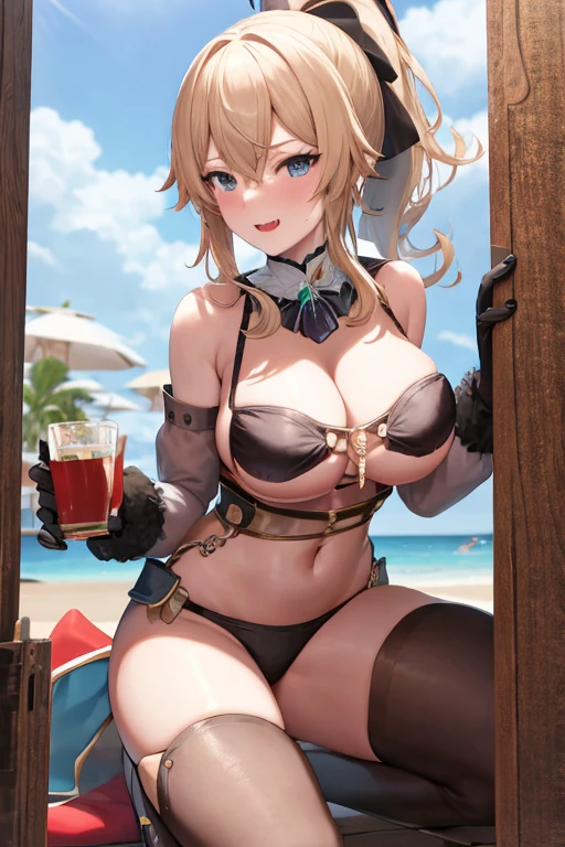 masterpiece, best quality, beautiful art, high resolution, well formed hands, body and fingers, 1 woman, solo, Jean Gunnhildr, blonde, full body picture, grown up, adult, large and rounded breasted, cleavage, hair ornament, wearing a Dangerous Beast outfit , dangerous_beast_cosplay, claws, fangs, full body, sexy and skimpy bikini, gorgeous hips, legs and thighs bouncing breasts, red boots,fighting in a combat match, showing her fighting skills, making her guard, about to hit the viewer, looking at the viewer, sweating, bouncing breasts, smiling joyfully and brightly, being confident and proud, action and fighting scene, fighting cage on beach environment.