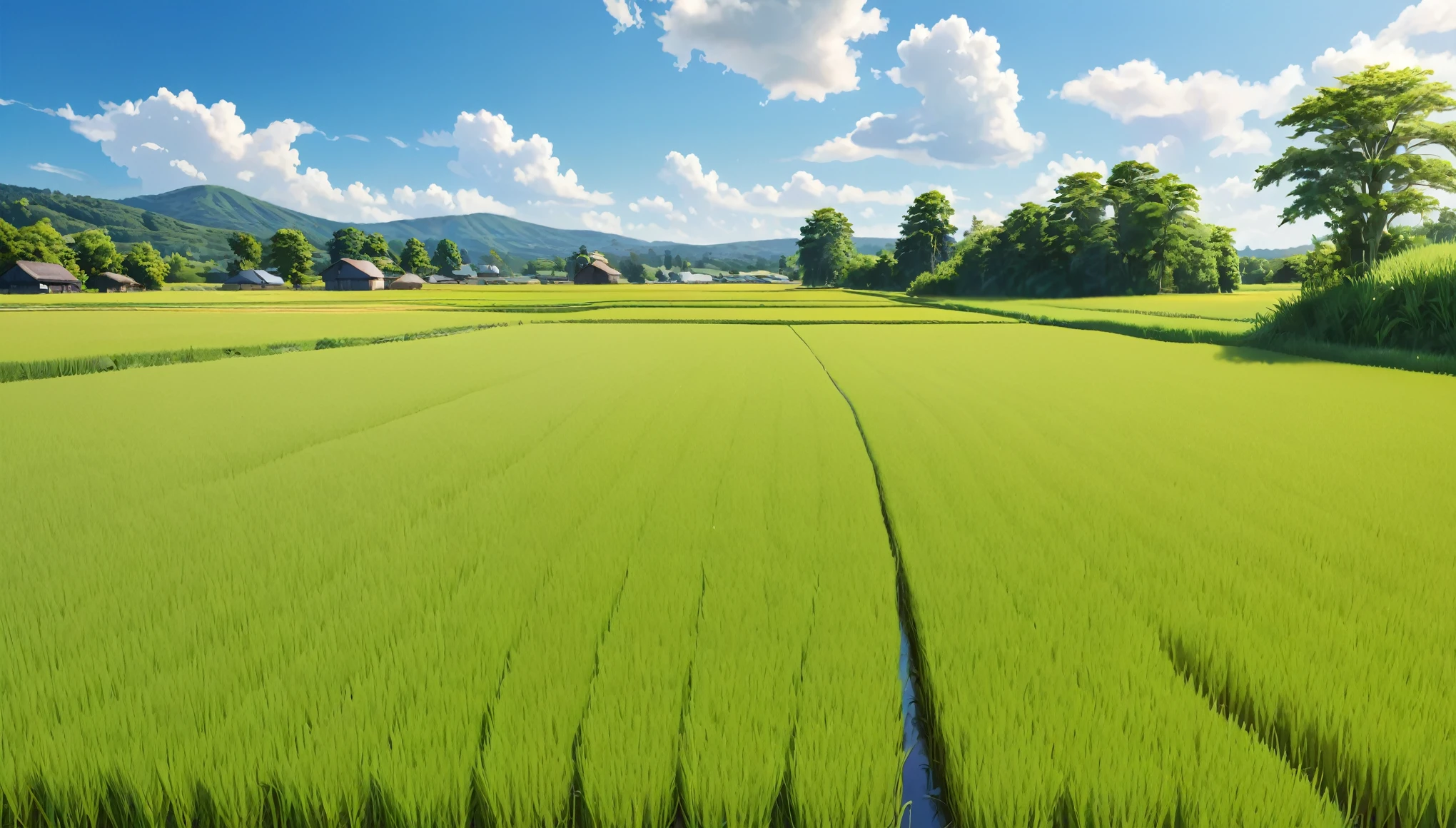 Japanese countryside,Rice Field,Midsummer,Summer sky,sunny,Daytime,Highest quality, 8k, High resolution, masterpiece:1.2, Very detailed, Realistic:1.37, High resolution, 超High resolution, Very detailed, Professional, Vibrant colors