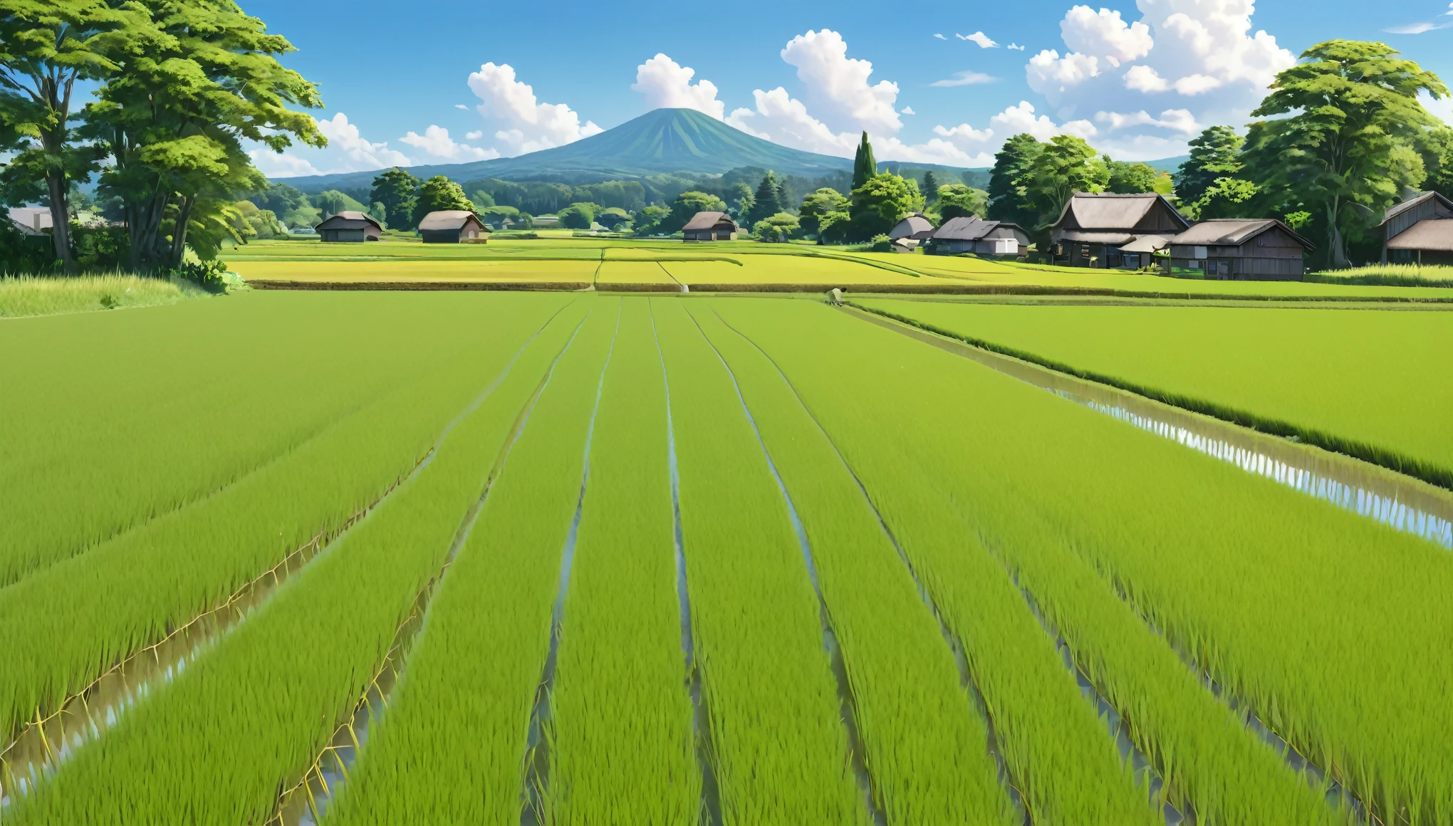 Japanese countryside,Rice Field,Midsummer,Summer sky,sunny,Daytime,Highest quality, 8k, High resolution, masterpiece:1.2, Very detailed, Realistic:1.37, High resolution, 超High resolution, Very detailed, Professional, Vibrant colors