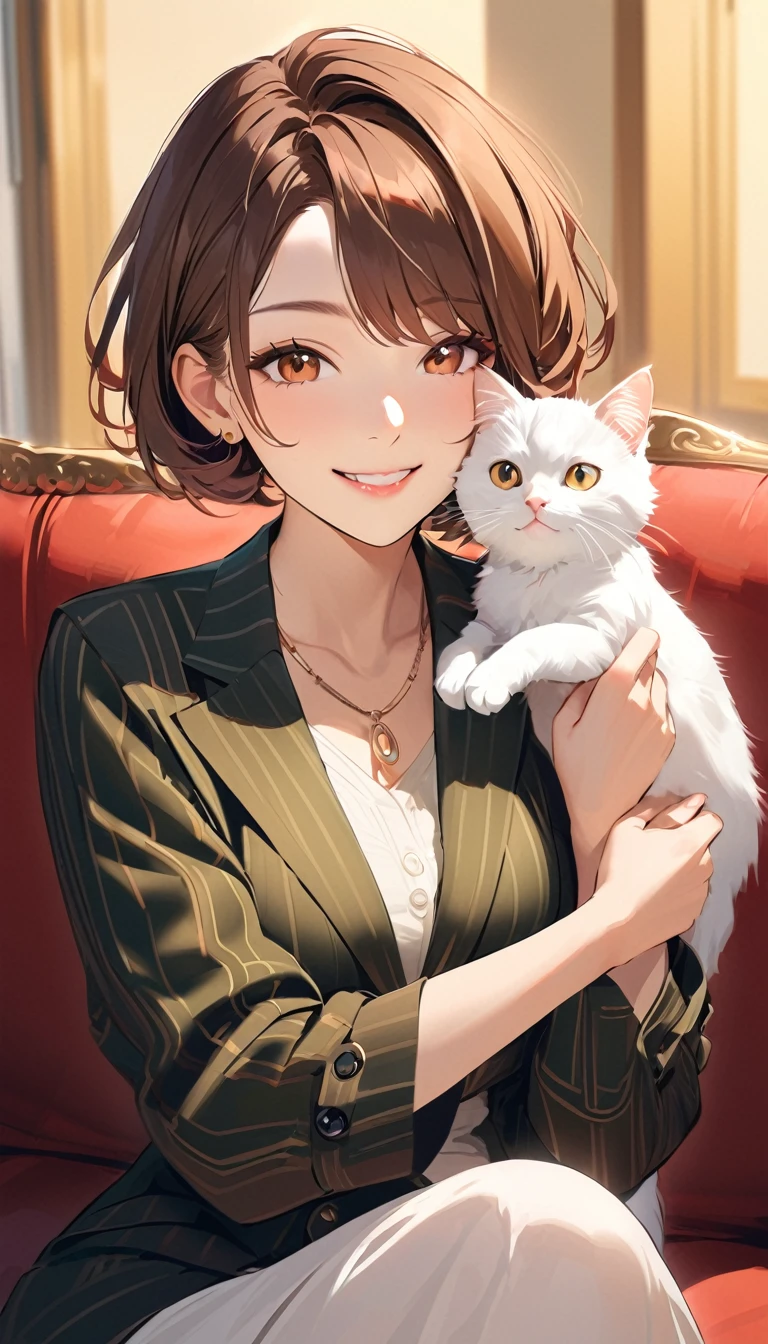 a woman , Brown short hair, smile, Mature Woman, Stylish clothing, (Sitting on the couch), Holding a cat on one's lap,