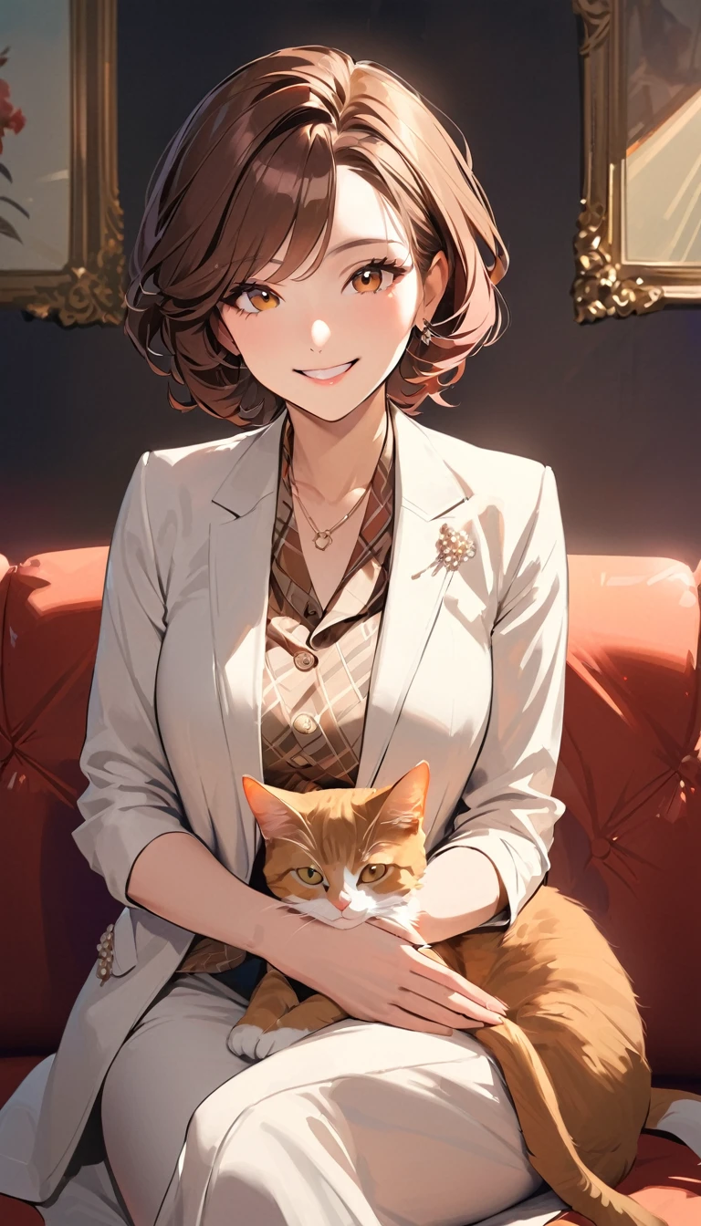 a woman , Brown short hair, smile, Mature Woman, Stylish clothing, (Sitting on the couch), Holding a cat on one's lap,