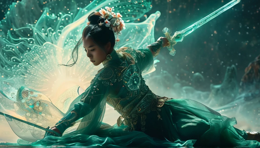 Female swordsman Jade Fractal photography,Atomic Correct,Raw, Lenses, (Clear focus:1.5), (Reality:1.4), Dusk lighting, Volumetric Lighting, Ultra-high resolution, 16K,Dramatic Lighting, White background:1.5),Glowing sword,(fighting stance),Hold the sword hilt tightly in your hand,1 sword,Solitary,(Zentangle,Mandala,Tangles,Entanglement:0.7) , Depth of Field, Dreamy atmosphere, The most beautiful form of chaos, grace, Brutalist design dark theme, Flower of Death, Flowers of ecstasy,glowing line,Glow Example,Tracking example,flash, Backlight,translucent,Light Particles,exit,xianxia