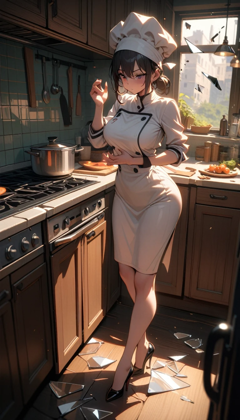 ((best quality)) , ((masterpiece)) , (detailed),1 female,(((Exaggerated broken glass))),kitchen,Female chef,High heel,((whole body))