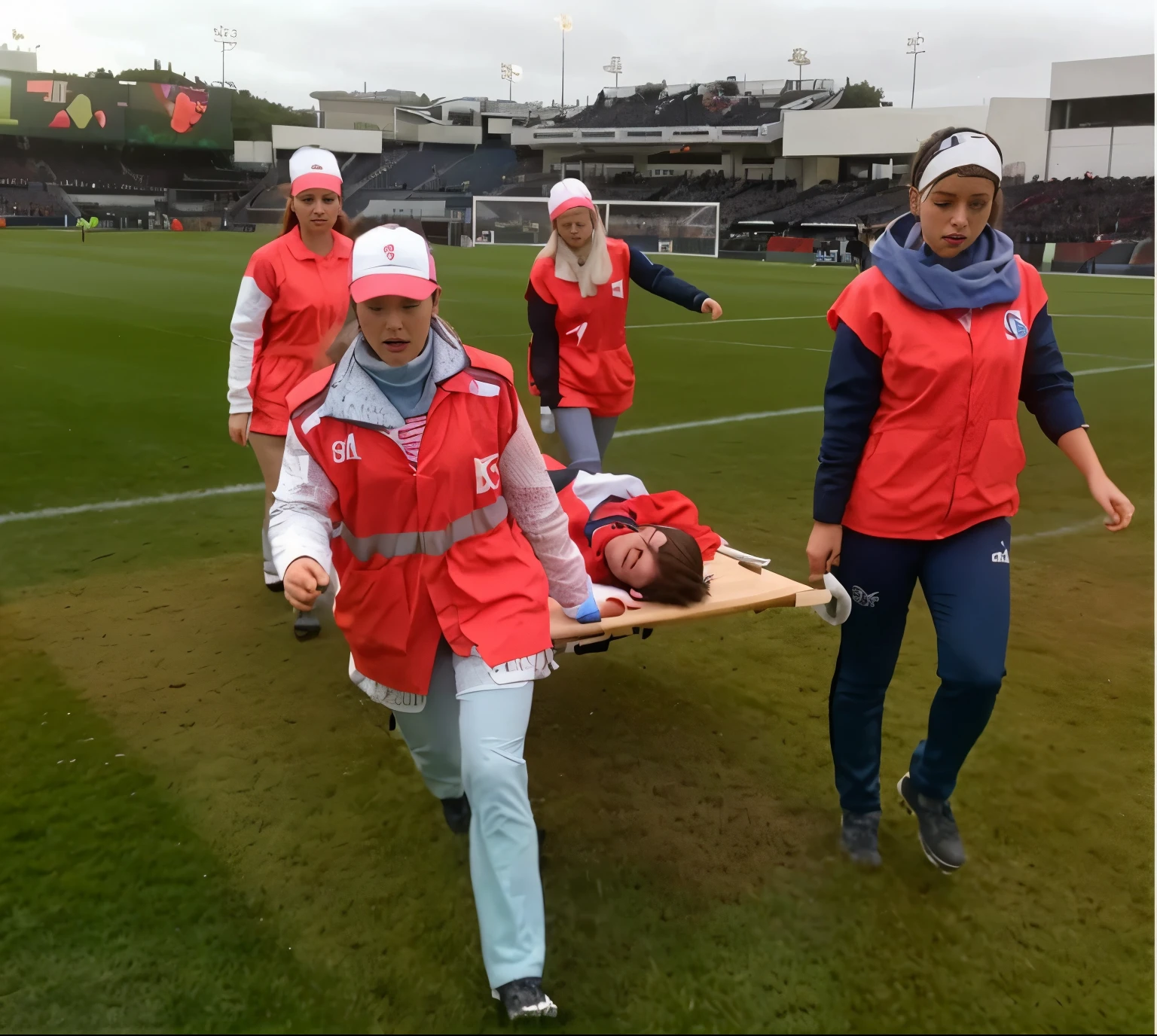 a soccer scene in a sports stadium, cool and wet weather conditions, humide ground, rainy sky, injury scene in a sports stadium, stretcher carry, there are four female medics carrying a stretcher, there are four female medics in very shiny coats who are carrying a stretcher in a sports stadium, there is a wounded male soccer player in a matte short cotton sports outfit lying on the stretcher, an injured male soccer player in matte cotton sportswear is lying in pain on a stretcher, a soccer player in matte cotton sports clothes is rearing up in intense pain while lying on a stretcher, dramatic scene, theatralic posing scene, dramatic pity scene, injury soccer, first aid, help, pity, there are four female medics in wetlook high-shine coats who are looking very sad and very terrified and very shocked, the injured soccer player is screaming out in pain while he is carried from the pitch on a stretcher