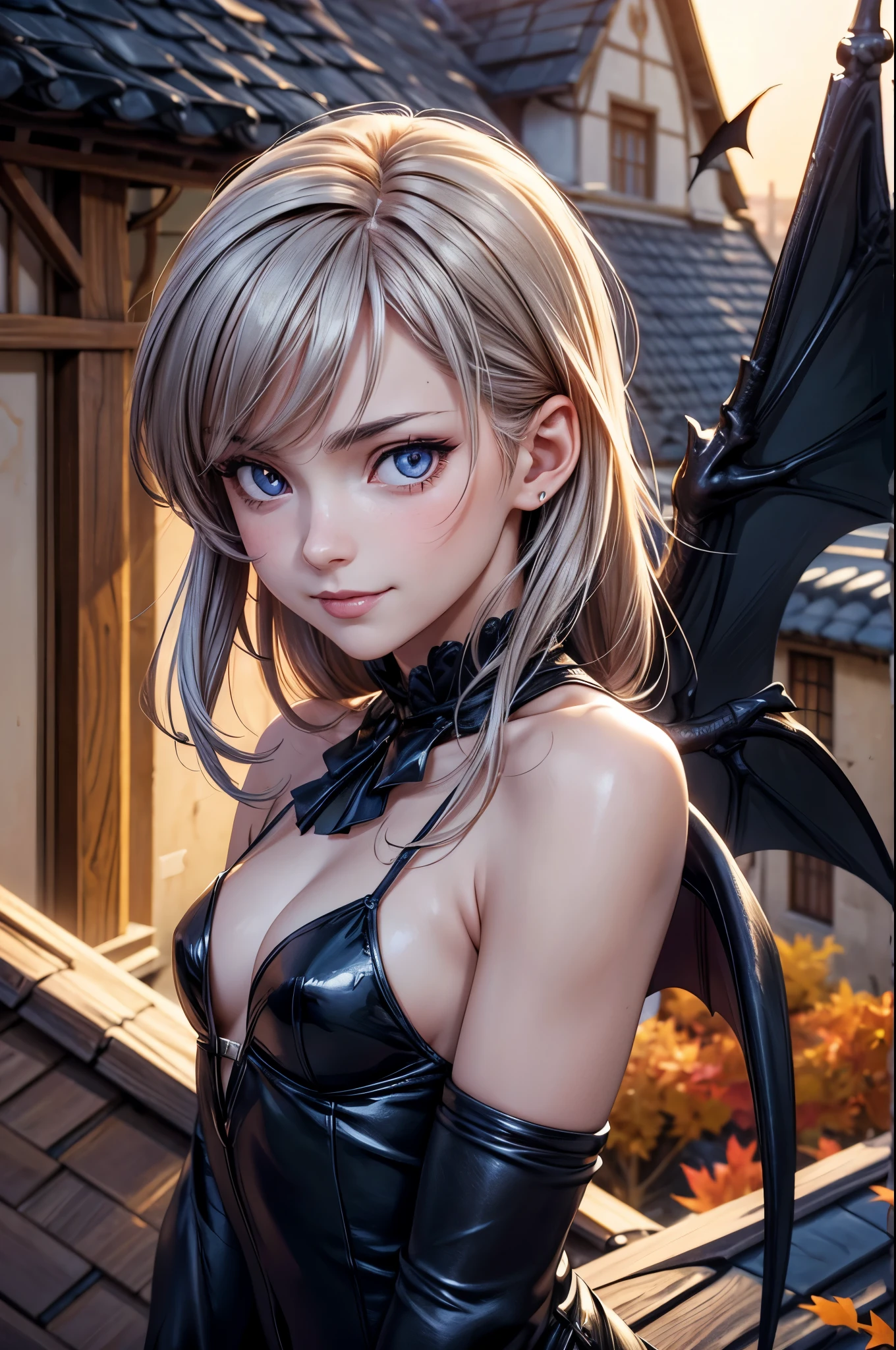 Anime personage, (((Photorealistic))), full-length portrait, (cute woman with realistic bat's wings), on a small roof In the old Gothic town, Sunset, (Detailed face and magic eyes), (extremely y), nakleasure, perfect body, expression enjoyment, seductive, luminism, autumn aura, Cinematic lighting, messy hair, windblown, Professional photography, little smile, fine facial traits, slim physique, (Depth of field)