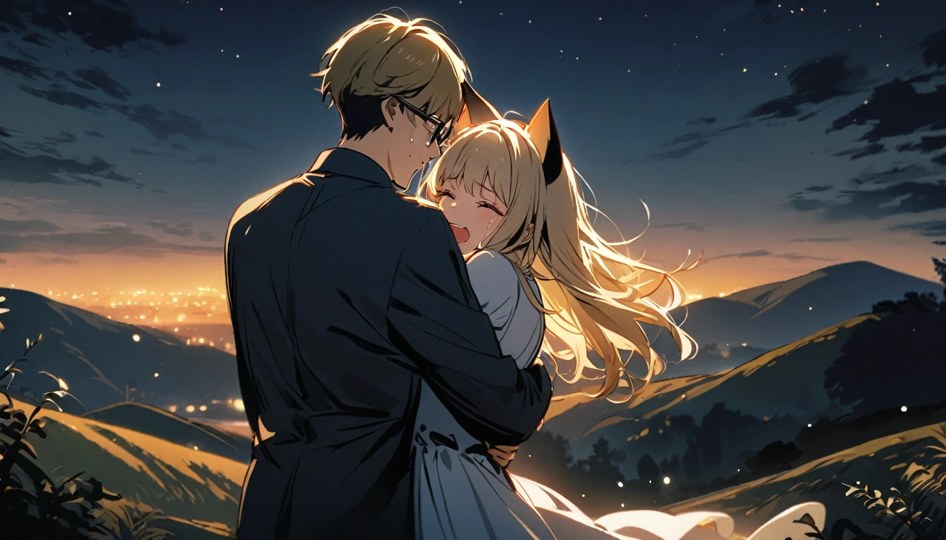 two people, one boy one girl, both are blond hair, the girl has cat ears, the boy wear glasses, the girl is crying, the girl hugs the boy, boy back to the viewer, night, standing, closing eyes, hills