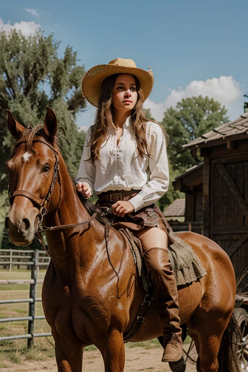 cute european girl, blonde hairs, sharp jawline, full body, riding a horse, realistic, in a cowboy dress riding a big horse, medieval era background, attire including a wide-brimmed hat, a plaid shirt, leather chaps, and boots with spurs, short skirt