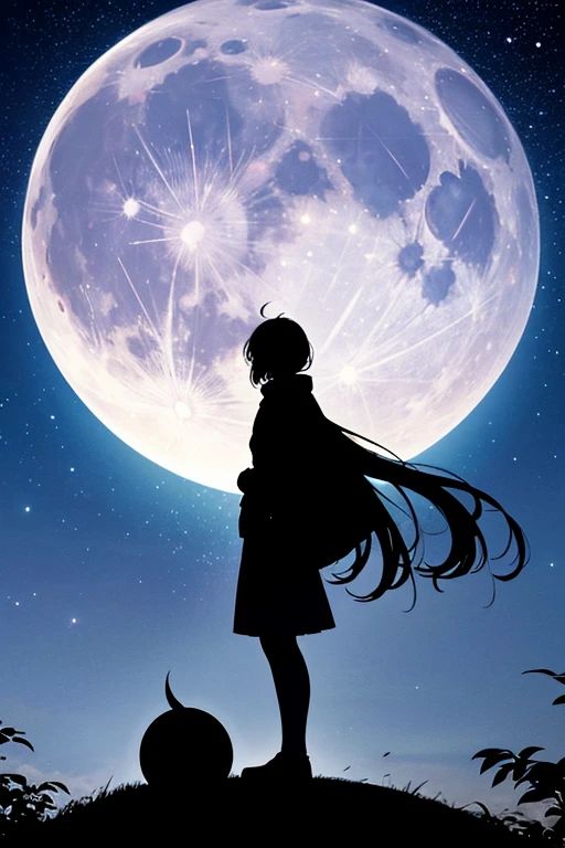Highest quality,Big moon and shadow,A silhouette of a person can be seen against the backdrop of a large moon.,There is one full moon,There is a mood,Beautiful scenery,Starry Sky