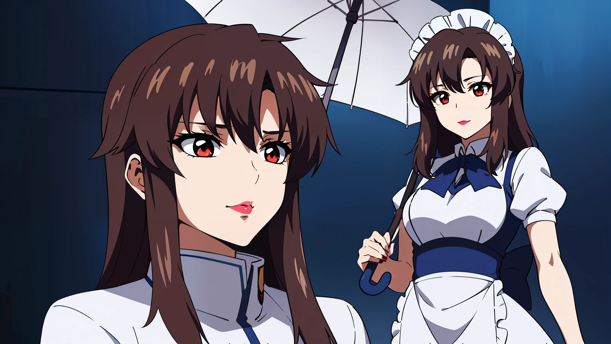 there is a woman in a white dress holding a blue and white umbrella, anime girl cosplay, cosplay photo, anime cosplay, artoria pendragon, ornate cosplay, cosplay, from touhou, cosplay of a catboy! maid! dress, fate grand order, inspired by Leng Mei, professional cosplay, anime style like fate/stay night, cosplayer, bangs,brown_hair, long_hair,red eyes,lipstick,makeup,