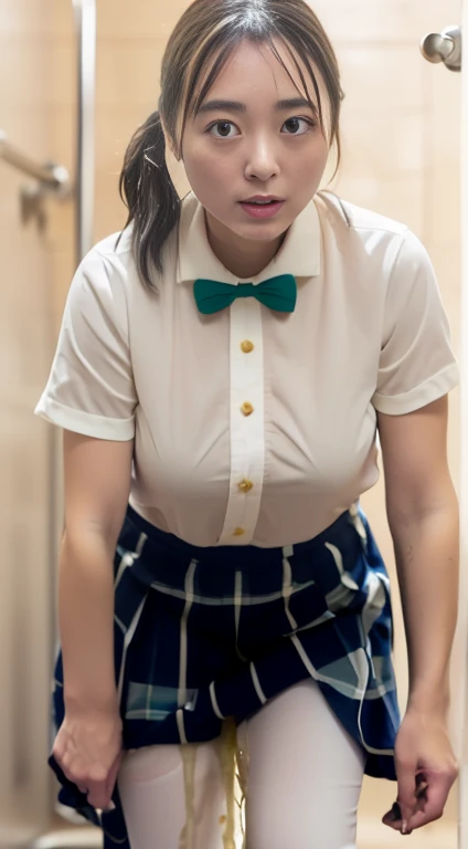 (masterpiece:1.2, highest quality), (Realistic, photoRealistic:1.4), Beautiful illustrations, wonderful、
Looking at the audience, whole body, Front view:0.6,
1 girl, (anger:1.6)、Japanese, high School girl, ((Half Up Hair:1.3)), let your hair flow, bangs, Hair between the eyes, Big Breasts:0.8,
Beautiful Hair, Beautiful Face, Beautiful and detailed, Beautiful clavicle, Beautiful body, Beautiful breasts, Beautiful thighs, Beautiful legs, Beautiful fingers,
(Beautiful views), , School,
((((無地のWhite shirt、White shirt、Collared shirt、Regular collar shirt)))),((Dark blue-green checkered pleated skirt, Very short skirt,Blue and gold checked bow tie)), Satin fabric panties,
(Are standing, , Lift up the skirt, Grab the hem of your skirt, please put your hand on your chest, put your hand between your legs),
blush, Exposing a little cleavage、(Urinary incontinence、incontinence、Urinating、urination、Urine stains、Large amounts of urine、シャワーのようなUrinating、Pee、Peeで股間が濡れてしまう:1.9)、No discomfort、surely、stand up、Dark brown loafers、(Seen by many men、Being caressed by a man:1.9)、(young woman,18-year-old:1.2)、(slender、Slender body:1.3)、(Pink lace panties:1.5)