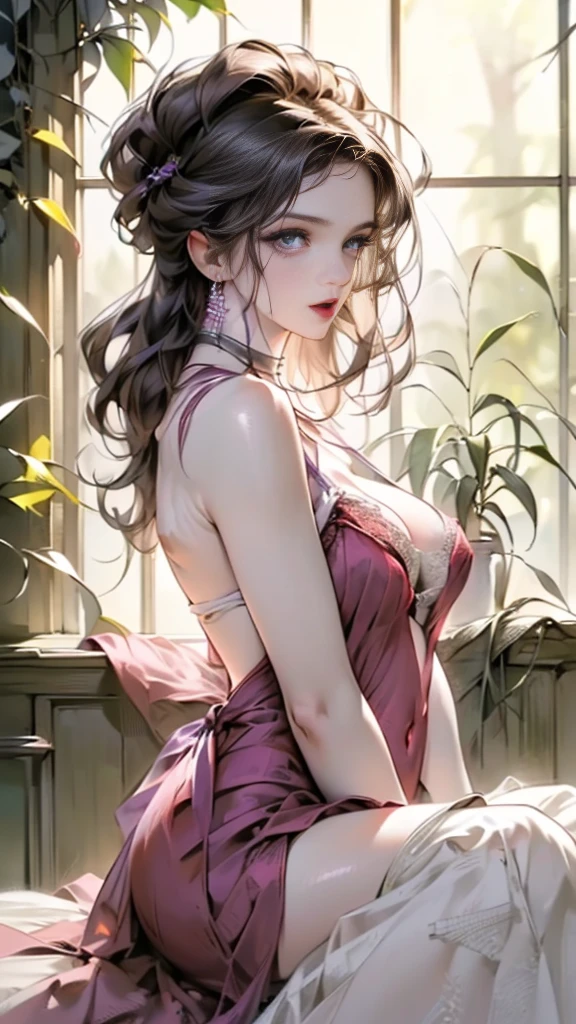 ((((Highest quality))))、(((Ultra-precision CG16K wallpaper)))、(((masterpiece)))、(((Super detailed)))、(((Extreme detail)))、((１Mature 29 year old woman:1.6))、((Very beautiful Japan face of a person))、((Urizane Face:1.8))、((Medium Straight Hair:1.6))、(Shiny Hair)、A delicately drawn beautiful face、(Dark Eyes、Reflected light from the eye)、double eyelid、High nose、Small nostrils、Small Mouth、Seductive lips、Beautiful breasts、((B cup size breasts))、Cleavage、A small vertical belly button、Delicate nails、Beautiful feet、((Thin thighs))、eight-headed body、Perfect proportions、Perfect Anatomy、Perfect composition、Beautiful detailed shading、Beautiful, natural lighting、Beautiful detail glow、Depth of written boundary、(((High chroma)))、(((Real:1.9)))、((vivid:1.5))、((Beautiful Skin))、((Skin Texture))、((Realistic skin feel))、(((Cowboy Shot:1.6)))、(((front view、shoot from front、front low angle:1.6)))、(((Half-open mouth、Half-open eyes:1.5)))、(((looking at camera:1.6)))、Bright daylight、Natural light、(((background_Bedroom、Foliage plant:1.5)))、(Sitting pose:1.6)、(((Light purple see-through lace negligee:1.6)))、((choker、Wearing earrings:1.5))、(((Woman sitting on bed:1.6)))、