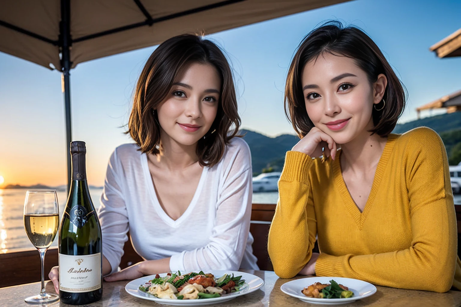 (Realistic:1.1),(masterpiece,Highest quality),8k,(44 years old), 47 years old, Lovers、Happy Couple、Model Couple、Actress/Actor、Tight waist,Upper Body,full-course dinner、wine 、Amazing view of the sunset sky and clouds、Perfect Anatomy, Brown Hair, short hair,Random Hairstyles,((Highly detailed face and eyes:1.2))(cute顔:1.4),Beautiful actress face,Perfect golden ratio face,Long sleeve shirt、dress,(smile:1.2)、Shortcuts、cute、(Realistic, Intricate details:1.2), A bright smile、short hair,Bright Face、赤wine 、Appetizers、Italian food、wine bottle、Champagne、スパークリングwine、(slimな顔), (The body is slim), (Brown Hair), (Shortcuts), Upper Body, 白wine, slim, wineグラス,
