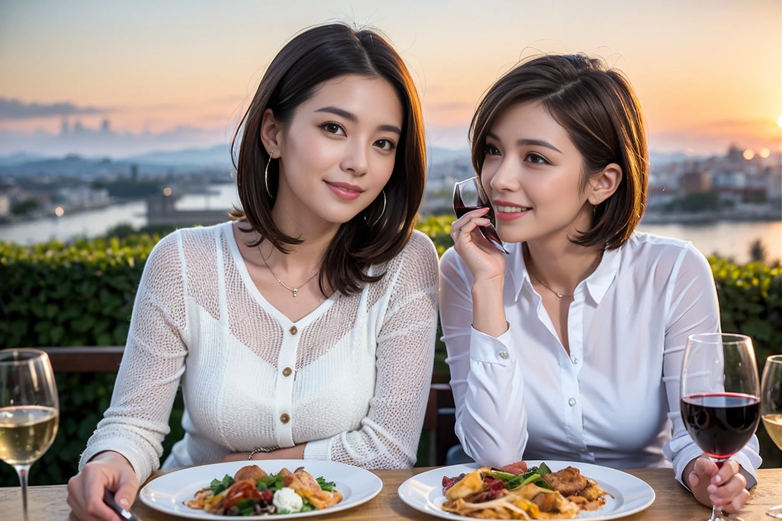 (Realistic:1.1),(masterpiece,Highest quality),8k,(44 years old), 47 years old, Lovers、Happy Couple、Model Couple、Actress/Actor、Tight waist,Upper Body,full-course dinner、wine 、Amazing view of the sunset sky and clouds、Perfect Anatomy, Brown Hair, short hair,Random Hairstyles,((Highly detailed face and eyes:1.2))(cute顔:1.4),Beautiful actress face,Perfect golden ratio face,Long sleeve shirt、dress,(smile:1.2)、Shortcuts、cute、(Realistic, Intricate details:1.2), A bright smile、short hair,Bright Face、赤wine 、Appetizers、Italian food、wine bottle、Champagne、スパークリングwine、(slimな顔), (The body is slim), (Brown Hair), (Shortcuts), Upper Body, 白wine, slim, wineグラス,