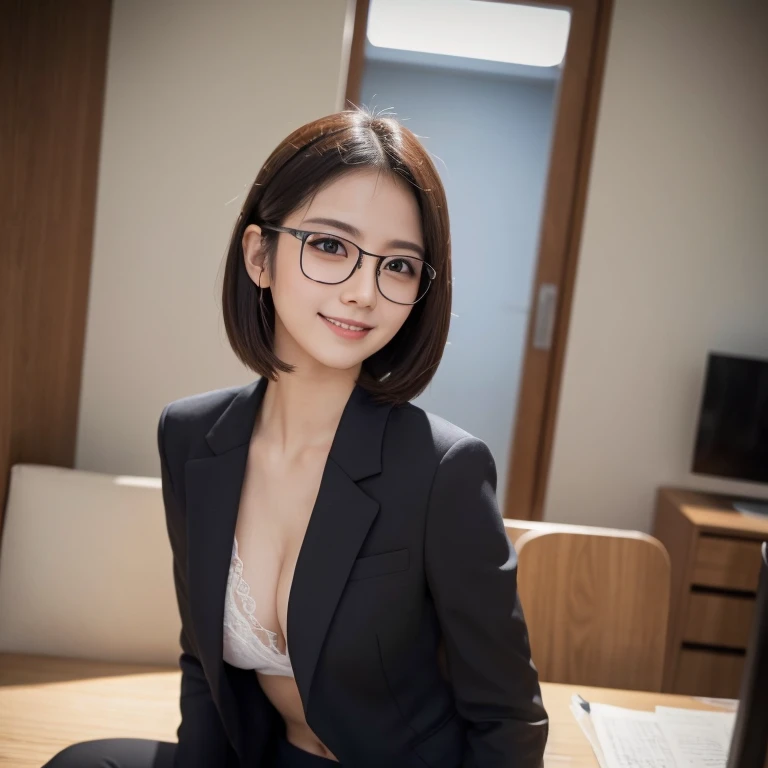 One very beautiful woman、((Highest quality、8K masterpiece:1.3))、Sharp focus:1.2、(Super beautiful face:1.0)、(Glowing Skin:1.0)、Realistic photos、Black-haired、Video Lighting、High resolution eyes and face、Japanese idol actress、from the front、Medium chest、smile、The beauty of slim abs、whole body、Wearing a suit、Not wearing underwear、Nipples are visible、At work、Wear glasses