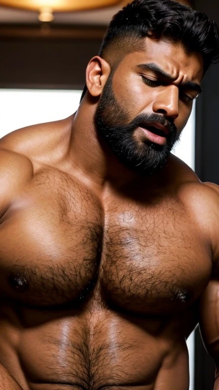 Male Character, handsome indian huge hairy bodybuilder muscular hunk with nice hairstyle and Pain is raging on the face, screaming with pain, big open mouth and making aggressive face expressions with eyes closed, the head is tilted back, Beard, Sharp Jawline, Intense Eyes, Muscular bodybuilder Body, Standing, Photographic Image, Candid, Beige Colour Color unbutton Shirt, Unbuttoned Shirt Revealing Body, Masterpiece, amazing photography, sexual tension, horny, erect bulge, without clothing, messy hair, brown skin, face, full body, body with hair on chest, light black hair, lots and lots of hair on chest, hairy muscular huge wide lower part; highly detailed skin, skin pores, sunny weather, steam, showers, 8k uhd, dslr, dim lighting, high quality, film grain, ful body view in photo, head to toe, his perfect( big huge penis) is (coming out) of his pant,masterpieces, seductive, erotic, exotic, lots hairy chest