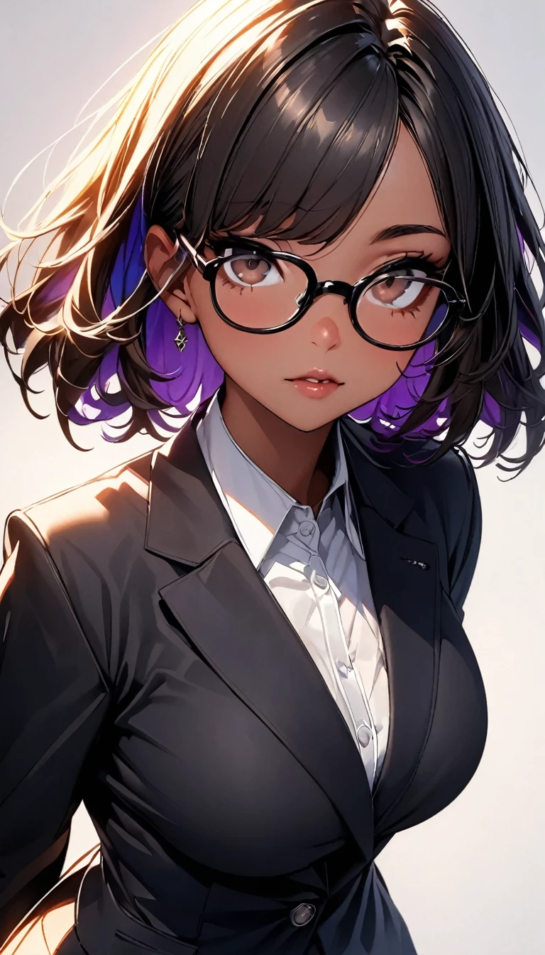 (highest quality:1.2, Very detailed, up to date, Vibrant, Ultra-high resolution, High Contrast, masterpiece:1.2, highest quality, Best aesthetics), Portraiture、girl、solo, ((25-years-old:1)), Bright colors、Beautiful fine details、Beautiful lip detail, short hair、black hair, ((Long bangs:1)), (messy hair:0.6), brown eyes, (thick black frame glasses:1.3), suit, ((slim body:0.6)), (big breast:0.7), (dark skin:0.5), (white background:1.5), ((no background)), (cowboy shot:1.8), (look at viewer:1), facing viewer