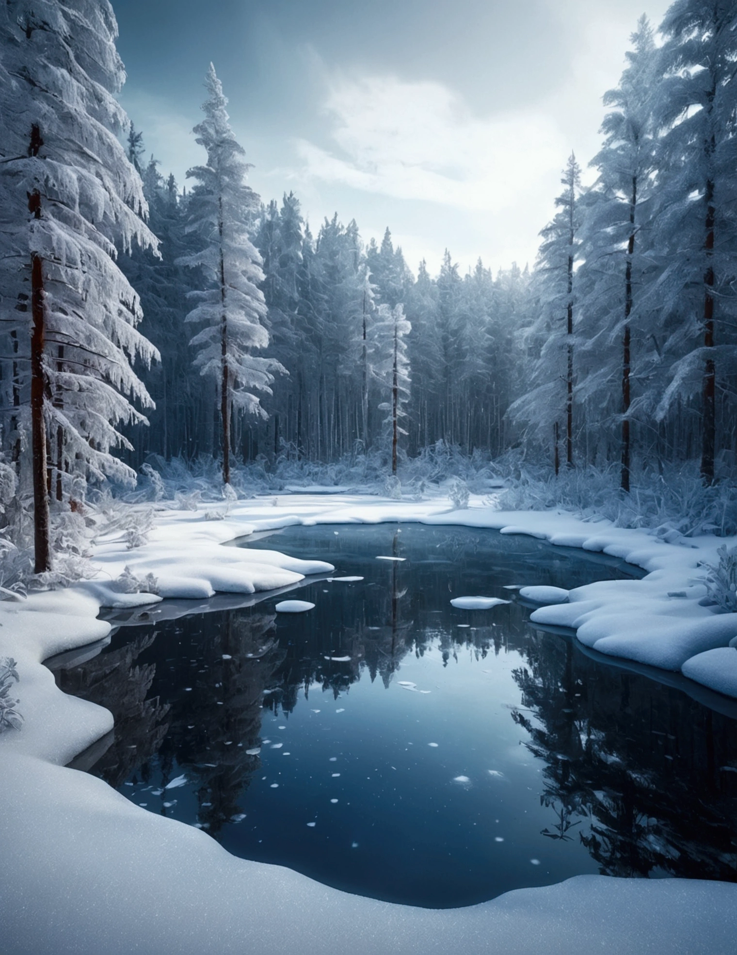A small lake surrounded by frozen taiga forest, wood々snow piled up on, winter, Intricate details, masterpiece, Nostalgic atmosphere, Cinema Lighting, Sharp focus, 4K, photograph, Digital Art, Fantasy Style