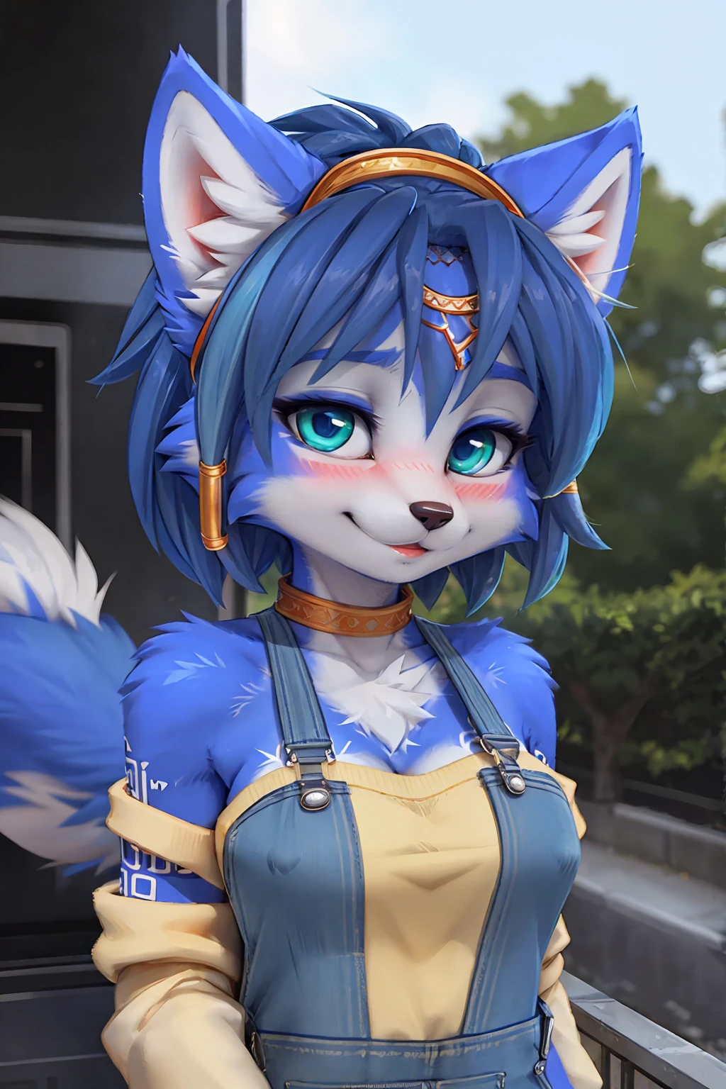 A beautiful and detailed (sweet portrait) wa ((krystal)), Star Fox krystal, sslim, green eyes, medium breasts, (((Long blue hair 1.3))), Decollete, look up, anthro, furry, Uploaded E621, detailed fluffy fur, (wa Fluff-Kevlar, Bayard Wu, personalize me, Pino Daeni), detailed face, (fluffy), 1 girl, alone, sweet girl, blue overalls, Viewers look at, Shy smile, blush,