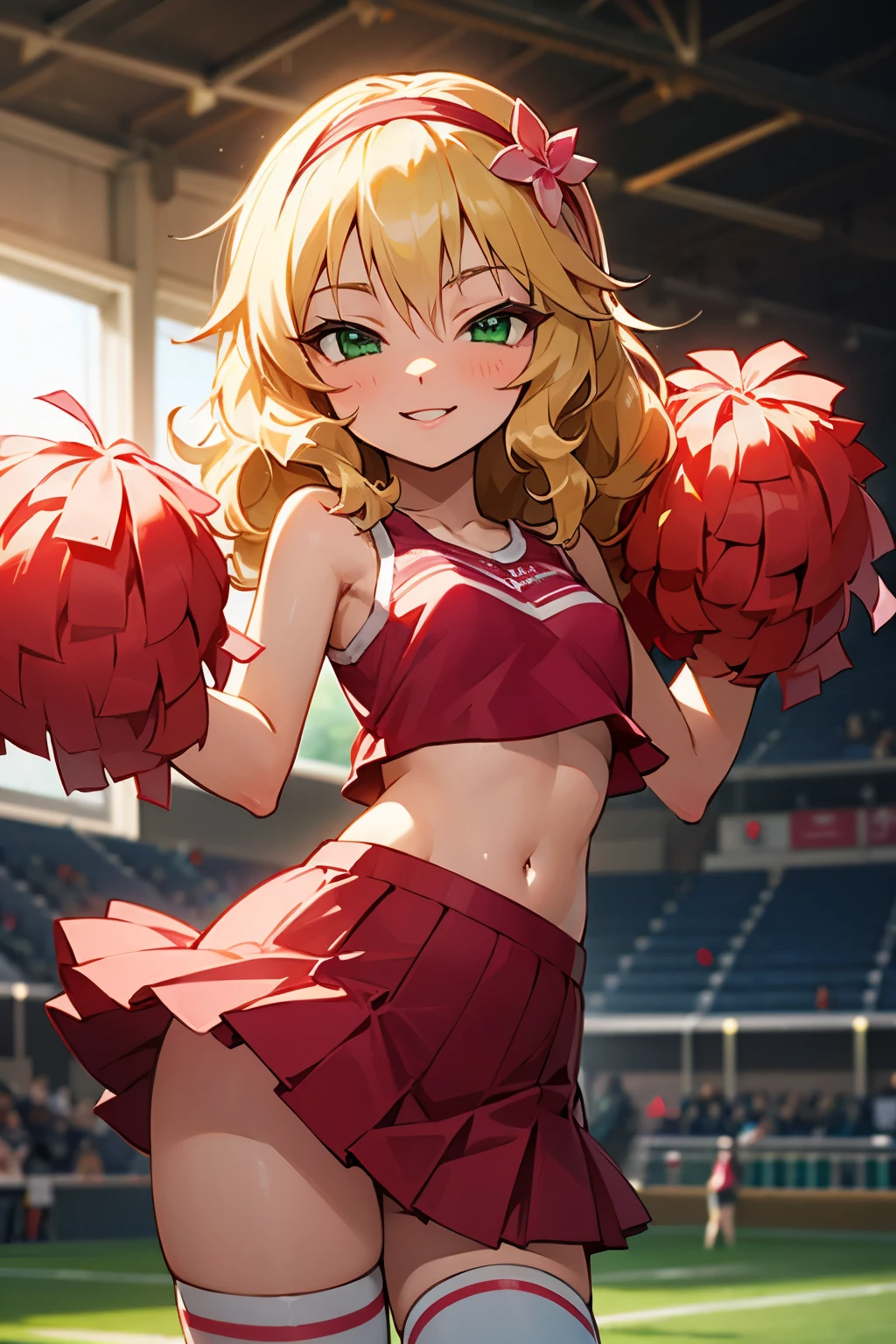 masterpiece,best quality, ultra-detailed,1girl(sakurai momoka, lovely small breasts, glow skin, wavy hair, long hair, blonde hair, headband, pink flower in hair,green eyes),smile, glow lips, nose blush, blush, facing viewer, looking at viewer, solo, cheerleader,red tank_top, underboob , breasts , navel, red pleats skirt, ultra mini skirt, white thighhighs, field, standing, Sexy waist teasing, spread arms