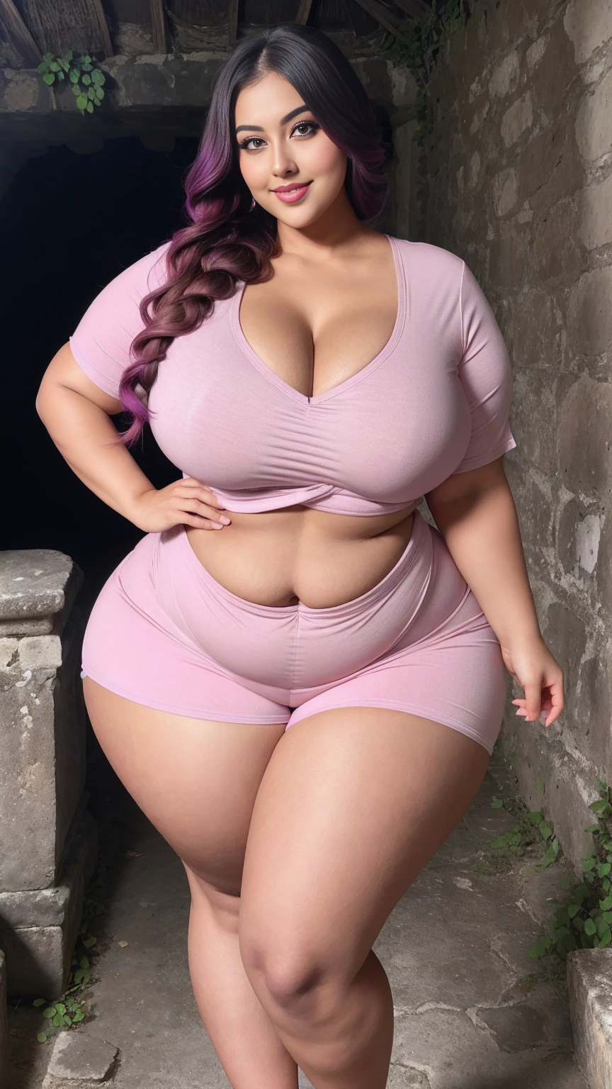 gorgeous curvy plus size Indian bengali actress fulki, glowing eyes, wearing SHEIN Frenchy Women's Summer Solid Color Batwing Short Sleeve Casual Loose T-Shirt Back To School Women T Shirt
, covered Bust, parted lips, blushing cheeks, thick thighs, bigger waist, busty, curvy plus size body, full body, full body shot, head to toe view, smoothning burgendy color hair with pfrench braid hairstyle, hourglass body, curvy plus size body, smile face, bigger waist, busty, big hips, fleshy thighs, thick thighs, busty, full body view, Tulum Ruins, Mexico: Ancient ruins overlooking the Caribbean Sea.