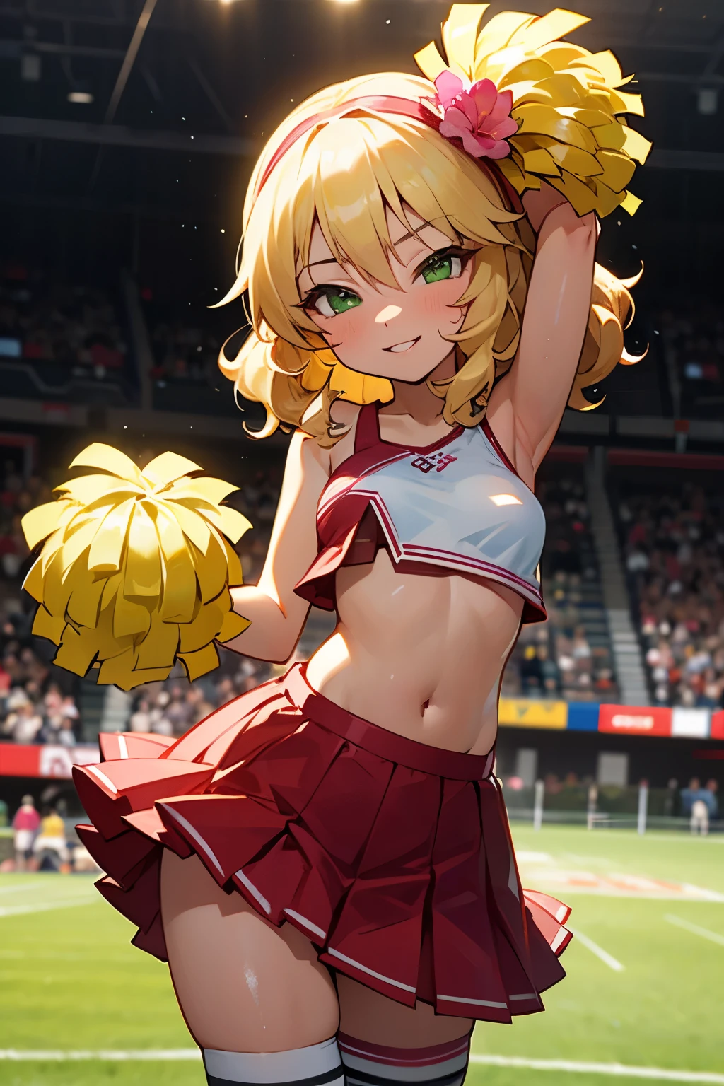 masterpiece,best quality, ultra-detailed,1girl(sakurai momoka, lovely small breasts, glow skin, wavy hair, long hair, blonde hair, headband, pink flower in hair,green eyes),smile, glow lips, nose blush, blush, facing viewer, looking at viewer, solo, cheerleader,red tank_top, underboob , breasts , navel, red pleats skirt, ultra mini skirt, white thighhighs, field, standing, Sexy waist teasing, spread arms,a provocative pose 