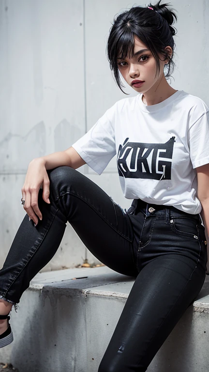 solo , 1girl , white shirt rock punk styes , mid breast , black jeans rock punk styes