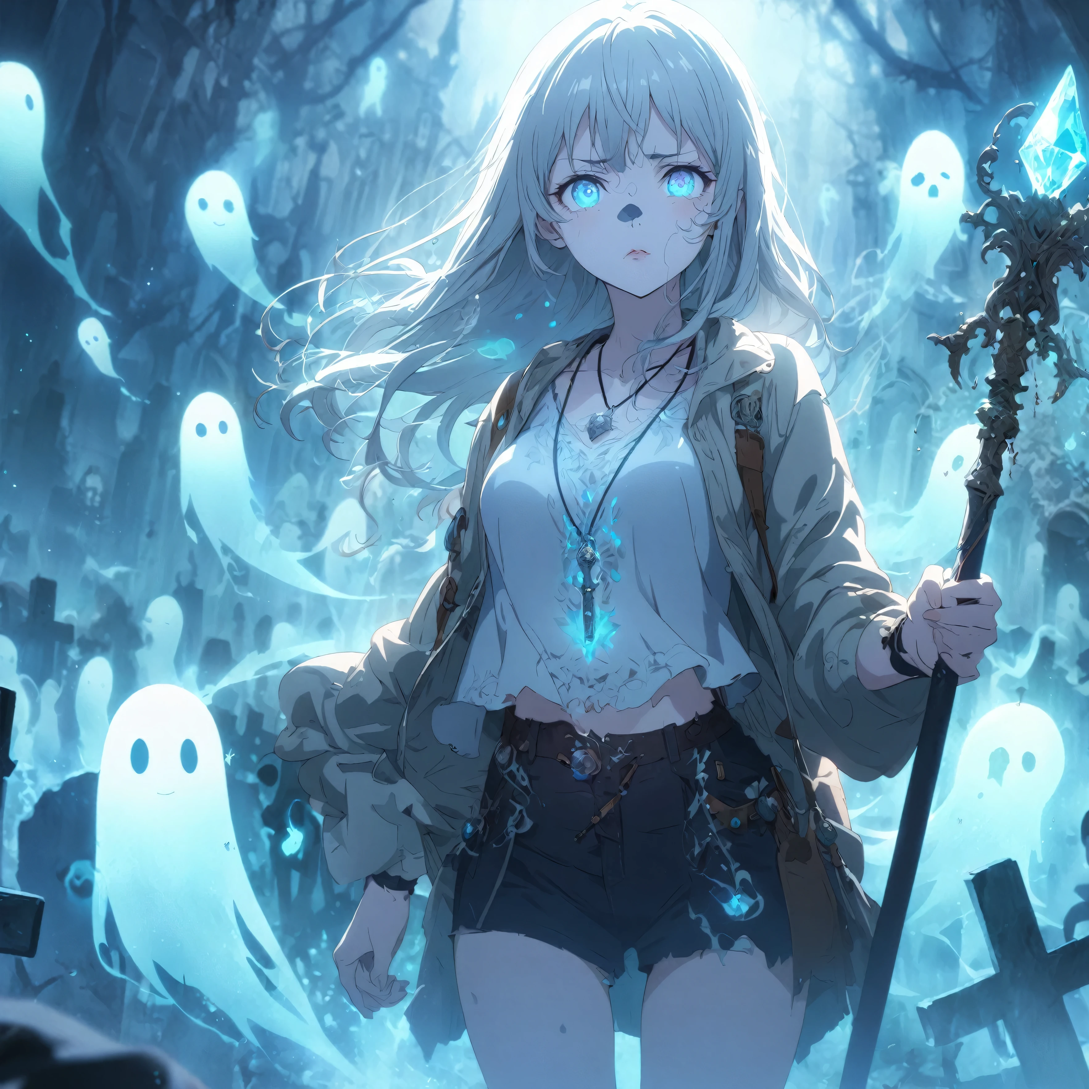 A girl with pale skin, long silver hair, icy blue eyes, sharp nose, thin lips, slender body, dressed in a casual outfit, with a silver amulet around her neck, (nude:0.8), holding a staff with a glowing crystal, standing in a misty graveyard, surrounded by numerous ghostly figures, with an ethereal glow around her, her eyes glowing softly, a determined expression on her face, with faint blue light emitting from her hands, floating ghosts swirling around her, some appearing transparent, others more defined, with eerie, wispy trails, and a hint of sadness in her eyes, detailed gorgeous face| anime style| key visual| intricate detail| highly detailed| breathtaking| vibrant| panoramic| cinematic| Carne Griffiths| Conrad Roset| gibbli 8k