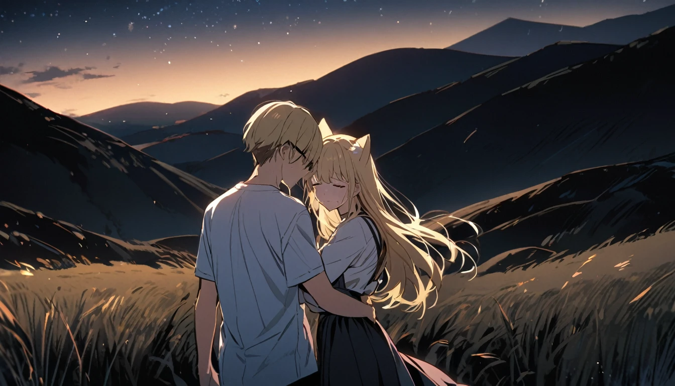 two people, one boy one girl, both are blond hair, the girl has cat ears, the boy wear glasses, the girl is crying, the girl hugs the boy, boy back to the viewer, night, standing, closing eyes, hills