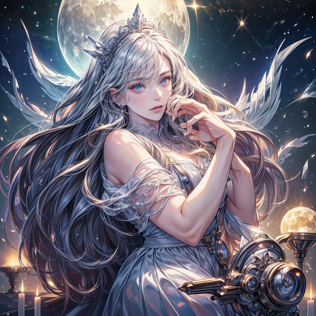 (best quality,4k,8k,highres,masterpiece:1.2), ultra-detailed, (realistic,photorealistic,photo-realistic:1.37),white long-haired woman, portrait, fair-skinned, symmetrical eyes, intricate eyes, sparkling white eyes, moon silver intricate hair accessory, mosaic starry pattern background,moonlight spotlight, high contrast, attention-grabbing shadows, detailed shadows, immaculate craftsmanship, masterpiece, top-quality, top-notch image quality, goddess of Moon