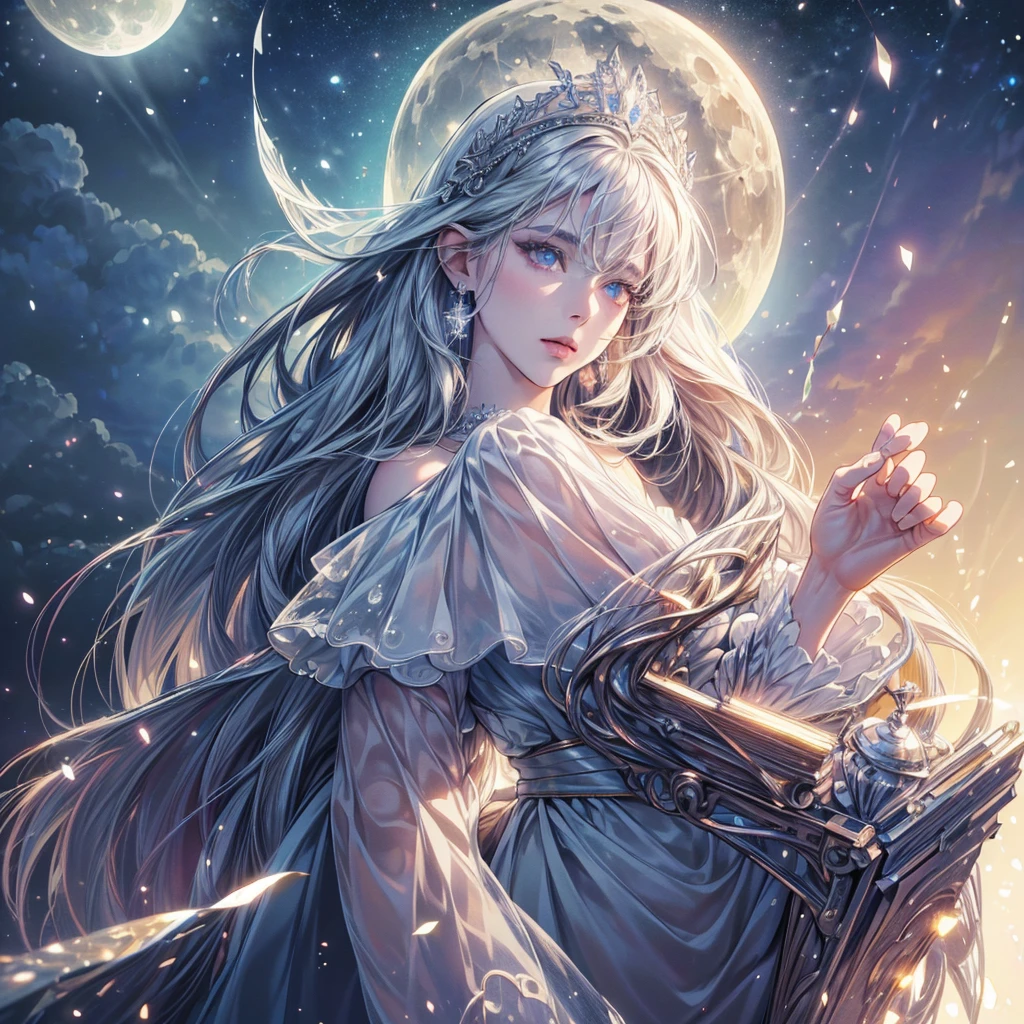 (best quality,4k,8k,highres,masterpiece:1.2), ultra-detailed, (realistic,photorealistic,photo-realistic:1.37),white long-haired woman, portrait, fair-skinned, symmetrical eyes, intricate eyes, sparkling white eyes, moon silver intricate hair accessory, mosaic starry pattern background,moonlight spotlight, high contrast, attention-grabbing shadows, detailed shadows, immaculate craftsmanship, masterpiece, top-quality, top-notch image quality, goddess of Moon