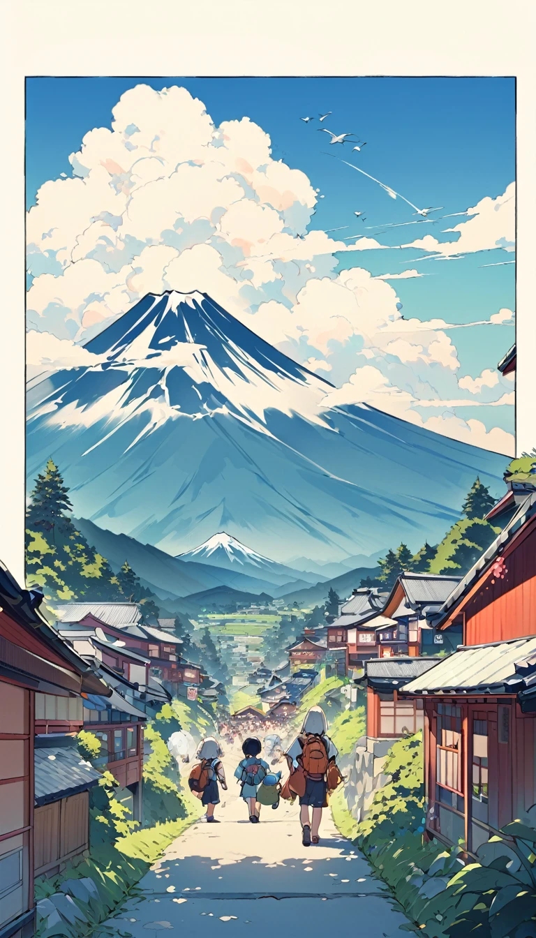 Under a clear blue sky、Two children are standing on a slope in a rural town in Japan。The majestic Mount Fuji stands in the background.、The snow is shining beautifully.。The sky is clear、White clouds scattered。Traditional Japanese houses line both sides of the road.、Lush tree々Where々Seen in。The children are carrying backpacks、Summer Clear々It seems that they are enjoying a nice day.。There are some birds flying in the sky、Quiet and peaceful countryside scenery。Two children are standing on a slope。
The majestic Mount Fuji stands in the background.。
The sky is clear.、White clouds scattered。
Traditional Japanese houses line both sides of the road.。
Lush tree々Where々Seen in。
The children are carrying backpacks。Two children are seen from behind. Several birds are flying in the sky.。
Summer Clear々It represents a happy day.。