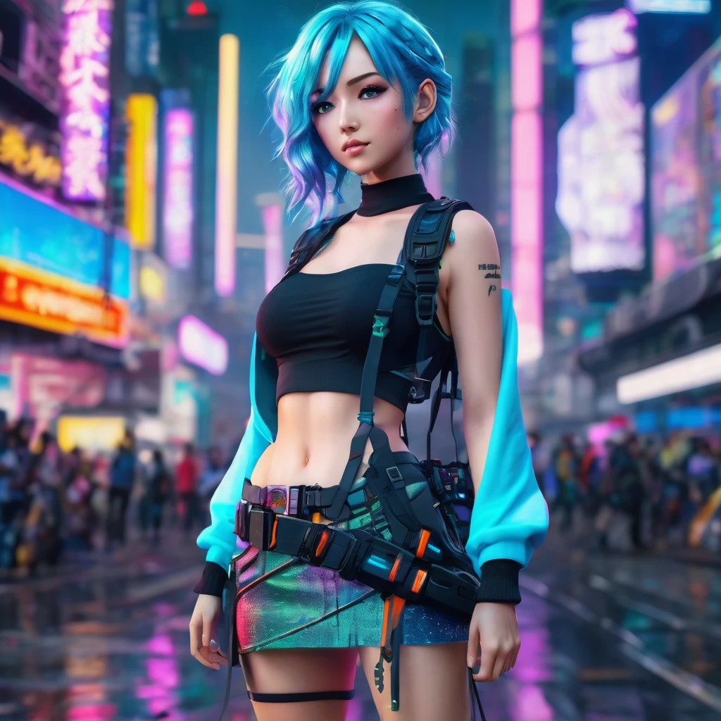 a beautiful alluring anime girl with sky blue wavy hair in a side braid, wearing a miniskirt, knee high fishnet socks, and engineer boots, standing in a cyberpunk city galaxy background, hyperrealistic, 3d, (best quality,4k,8k,highres,masterpiece:1.2),ultra-detailed,(realistic,photorealistic,photo-realistic:1.37),studio lighting,extreme detail description,vivid colors,bokeh