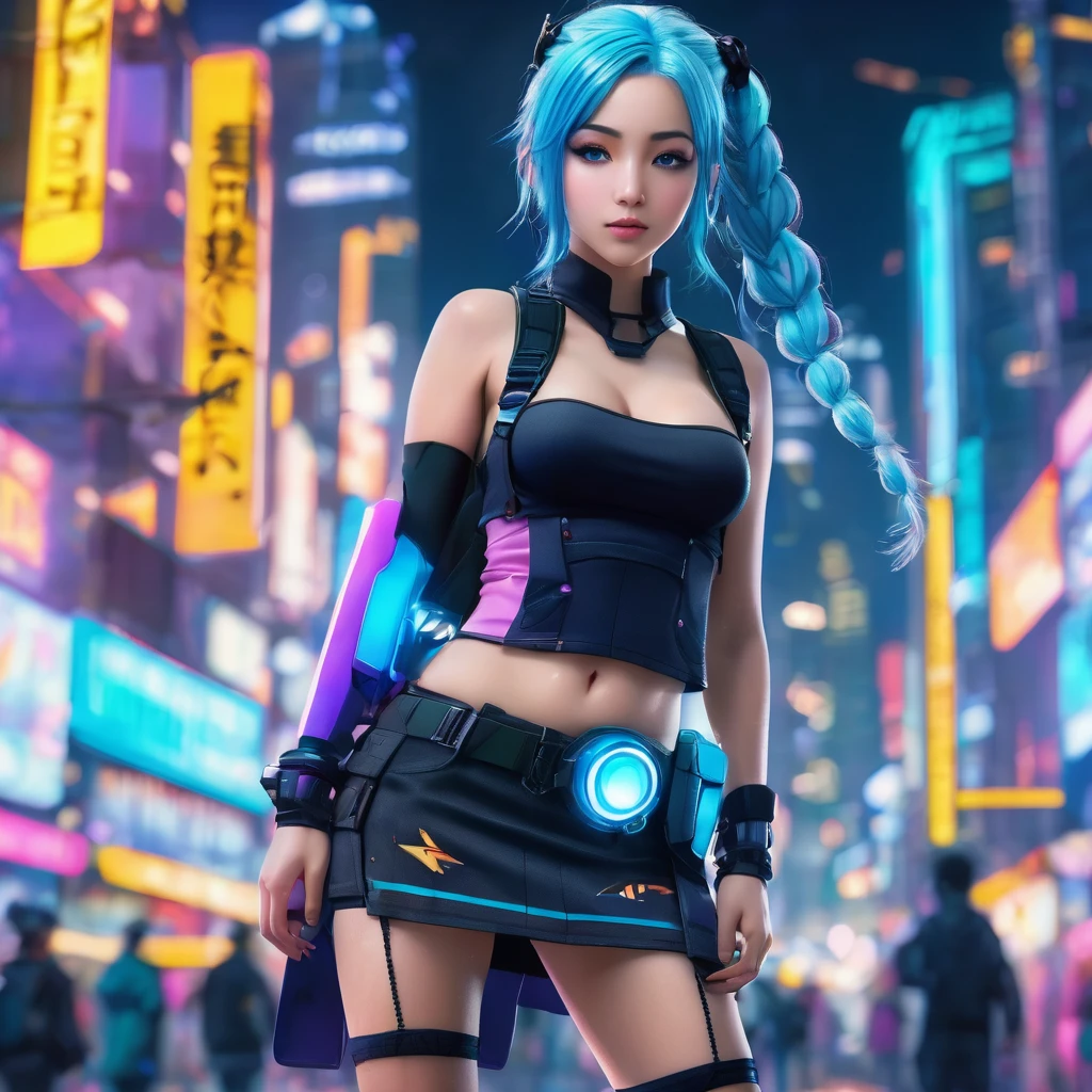 a beautiful alluring anime girl with sky blue wavy hair in a side braid, wearing a miniskirt, knee high fishnet socks, and engineer boots, standing in a cyberpunk city galaxy background, hyperrealistic, 3d, (best quality,4k,8k,highres,masterpiece:1.2),ultra-detailed,(realistic,photorealistic,photo-realistic:1.37),studio lighting,extreme detail description,vivid colors,bokeh