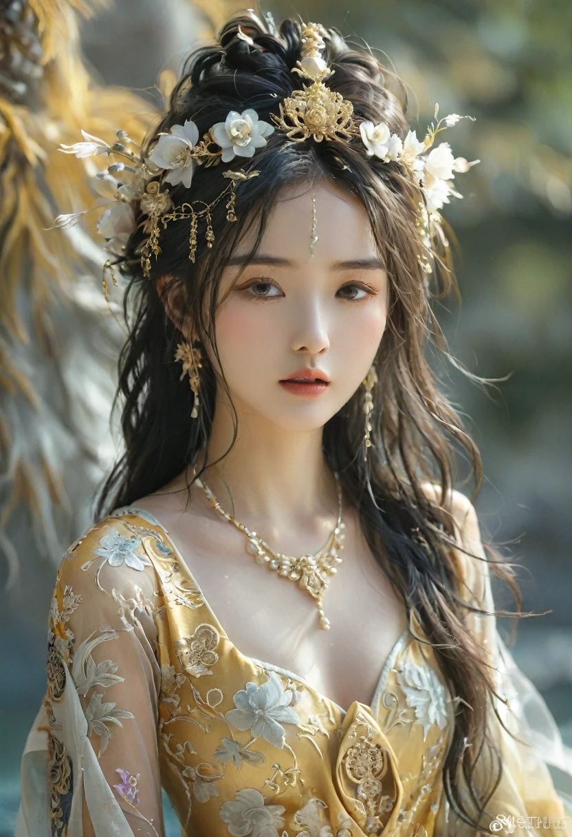 beautyful woman in a silk dress with a flower crown on her head, gold attire a stunning portrait of a goddess, a beautiful fantasy empress, traditional beauty, beautiful oriental woman, portrait of a beautiful goddess, wearing an ornate outfit, wearing ornate clothing, extremely detailed goddess shot, ((a beautiful fantasy empress)), dressed in ornate, goddess. extremely high detail, ornate clothing -style 999