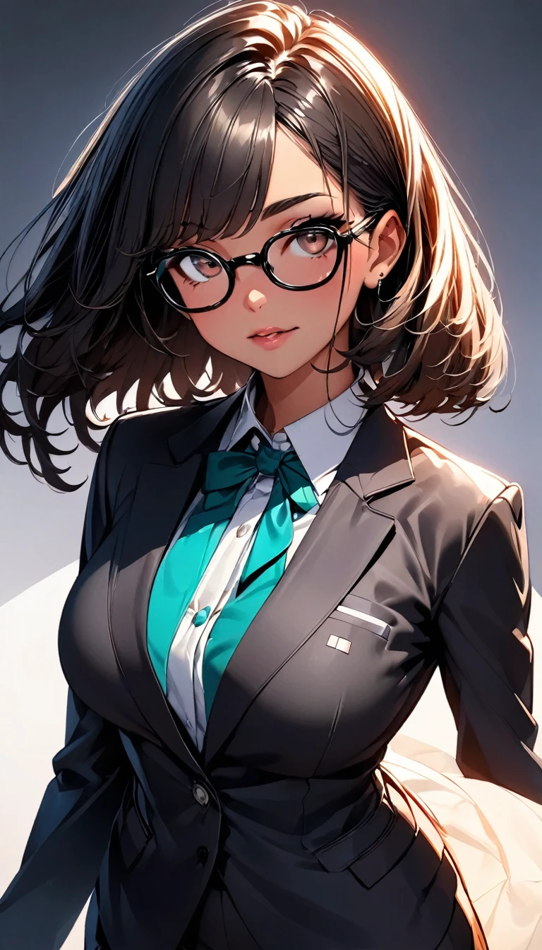 (highest quality:1.2, Very detailed, up to date, Vibrant, Ultra-high resolution, High Contrast, masterpiece:1.2, highest quality, Best aesthetics), Portraiture、girl、solo, ((25-years-old:1)), Bright colors、Beautiful fine details、Beautiful lip detail, short hair、black hair, ((Long bangs:1)), (messy hair:0.6), brown eyes, (thick black frame glasses:1.3), suit, ((slim body:0.6)), (big breast:0.7), (dark skin:0.5), (white background:1.5), ((no background)), (cowboy shot:1.8), (look at viewer:1), facing viewer