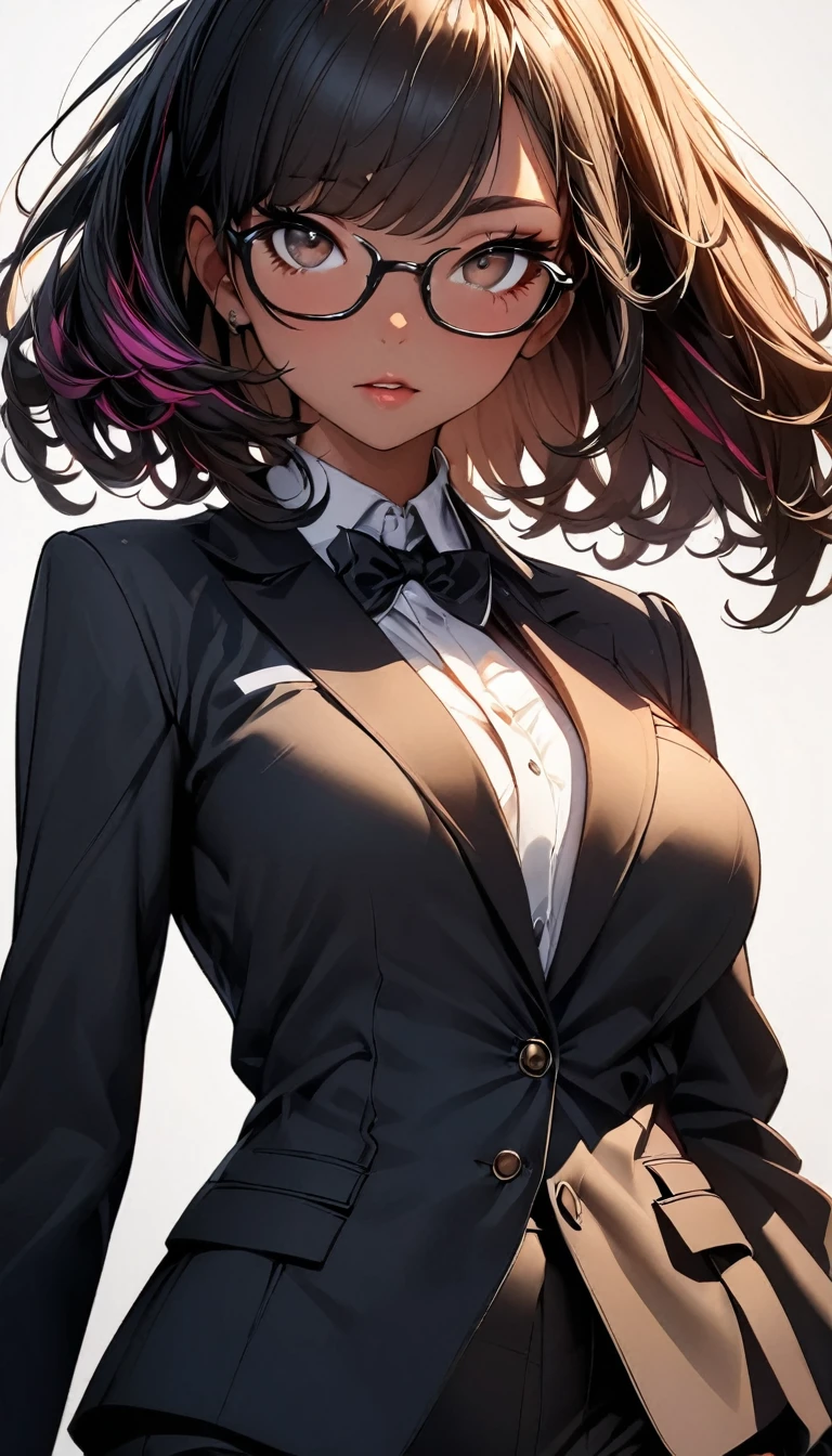 (highest quality:1.2, Very detailed, up to date, Vibrant, Ultra-high resolution, High Contrast, masterpiece:1.2, highest quality, Best aesthetics), Portraiture、girl、solo, ((25-years-old:1)), Bright colors、Beautiful fine details、Beautiful lip detail, short hair、black hair, ((Long bangs:1)), (messy hair:0.6), brown eyes, (thick black frame glasses:1.3), suit, ((slim body:0.6)), (big breast:0.7), (dark skin:0.5), (white background:1.5), ((no background)), (cowboy shot:1.8), (look at viewer:1), facing viewer