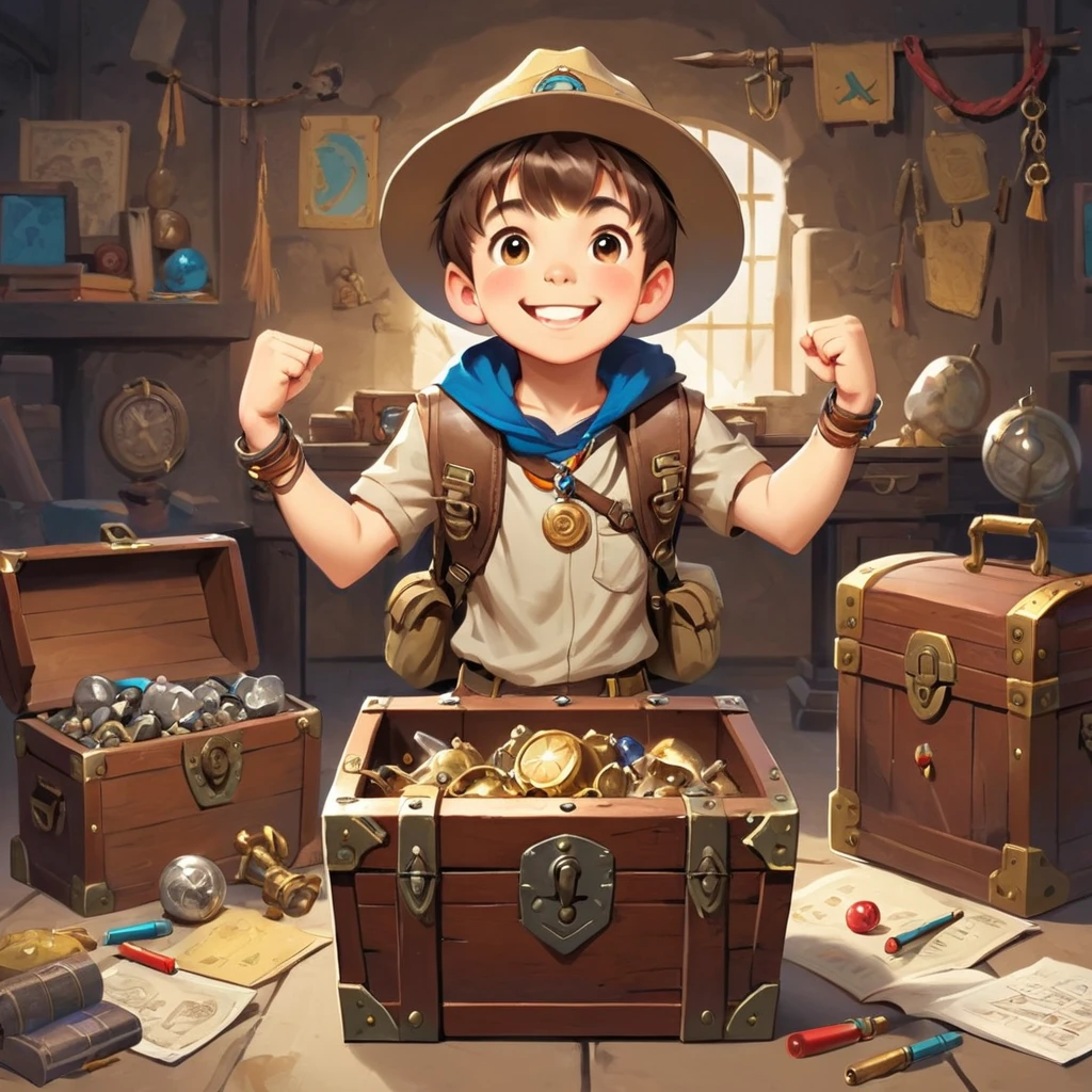 Boy Explorer,Adventurer、Treasure chest in background、Treasure in the background、Cool pose、smile、Study、Stick out your arms