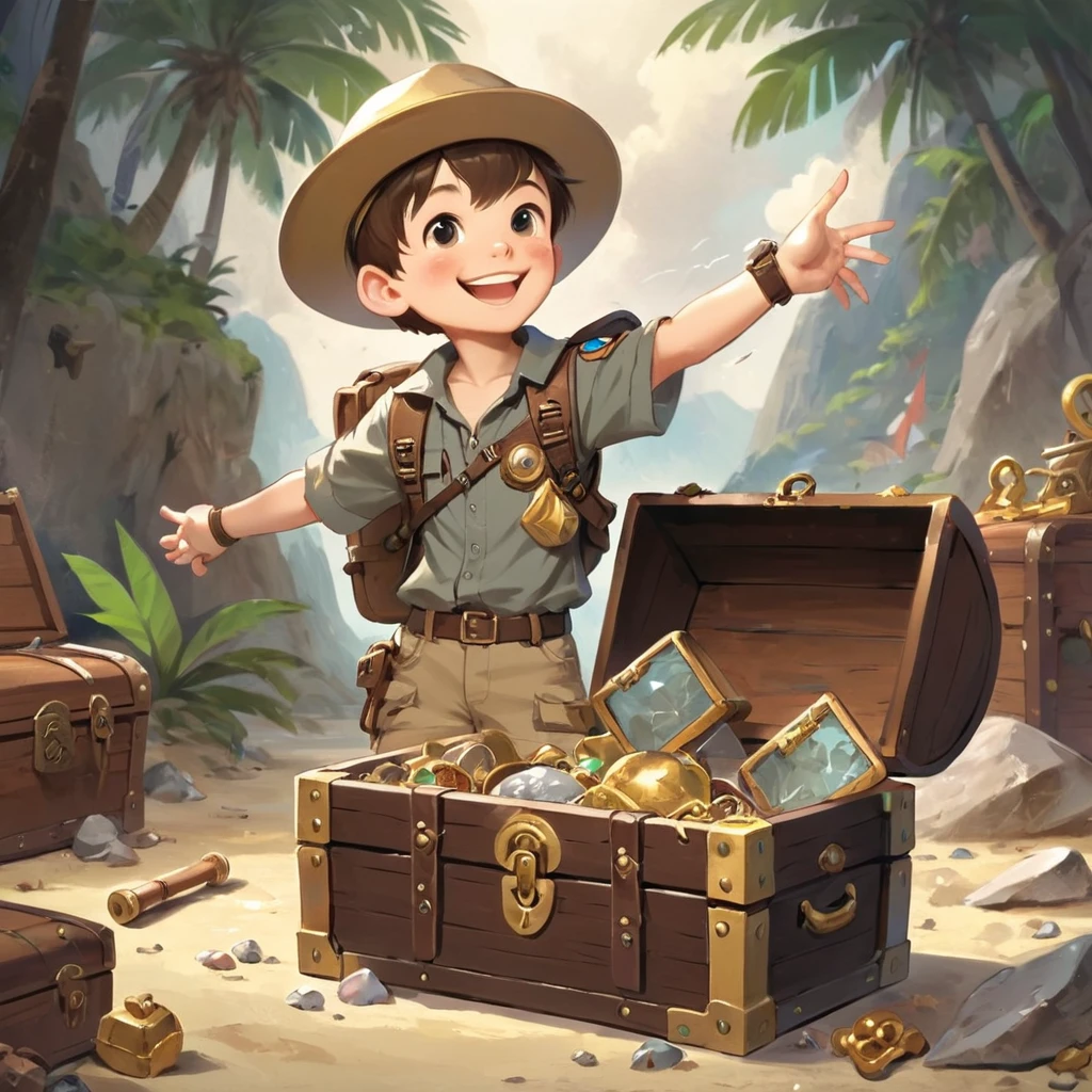 Boy Explorer,Adventurer、Treasure chest in background、Treasure in the background、Cool pose、smile、Study、Stick out your arms