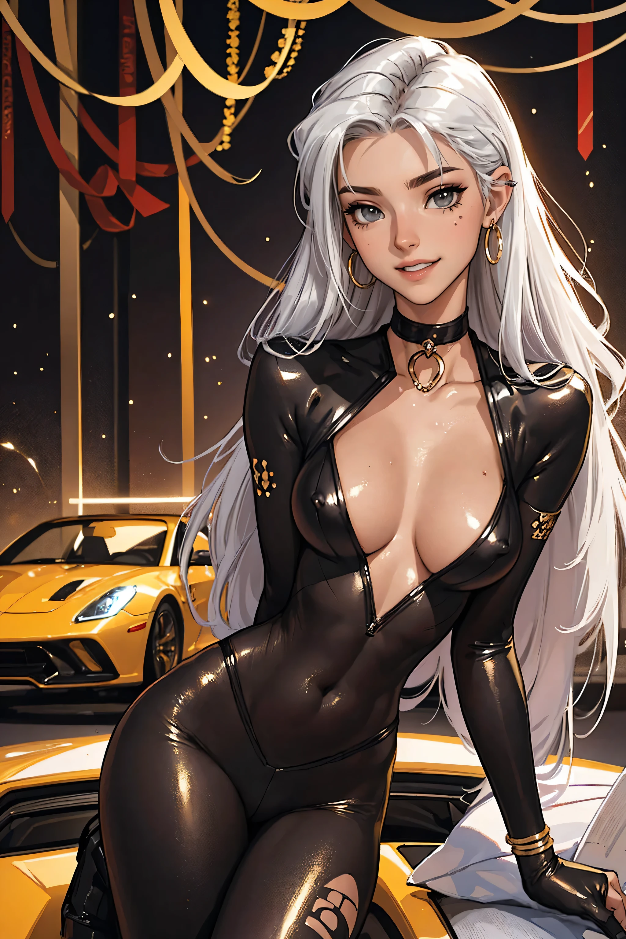 tmasterpiece，（tmasterpiece，top-quality，best qualityer），1girll， jewely，耳Nipple Ring，choker necklace，bangle， hoop earings， ， Long hair and long meat， Blonde hair，(Black color hair，Silvery-white hair，Maroon hair， solo， ssmile， looking at viewert， motorvehicle，The Car， Sports cars，groundvehicle， Sat down， exteriors， daysies， medium breasts，Open navel， dark skinned female， floral patterns， grinning smile，collars，Laser cloth，(black leather bodysuit)， laser，holy rays，gold foil，Gold leaf art，glitter drawing，Correct anatomy，Detailed face, Detailed eyes，Chest exposed，(miami, night life), (abs)