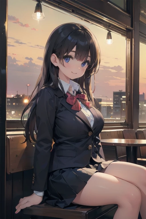 (8k, RAW Photos, Highest quality, masterpiece:1.2), (Realistic, photo-Realistic:1.37), Very detailed,
1 girl,cute, alone,Beautifully detailed skies,Detailed Cafe,night,Sitting,Date,(Red nose),(smile:1.1),(Mouth closed),Large Breasts, seductive smile, Large opening, Professional Lighting, Sony A7R4, Zesse 50mm f1.8,
Large Breasts、Beautiful attention to detail,(Collared shirt:1.1), bow tie,Pleated skirt,(long hair:1.2),Floating Hair 