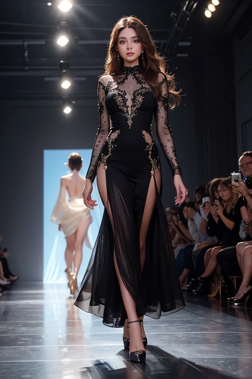 (masterpiece, Highest quality, shape, Subtle details, 8k:1.2),(Highly detailed CG Unity 8k wallpaper), (Highest quality), (Best illustrations), A stunningly beautiful fashion model walking down the runway at a high-end fashion show, wearing an elegant designer dress, with bright lights and a captivated audience in the background.,A highly realistic and gorgeous fashion model on a runway during a prestigious fashion show. She has flawless, radiant skin, striking features, and is wearing a luxurious, flowing evening gown adorned with intricate details. Her hair is styled in elegant waves, and she is confidently striding down the runway under bright spotlights, with an audience of fashion enthusiasts and photographers capturing the moment.