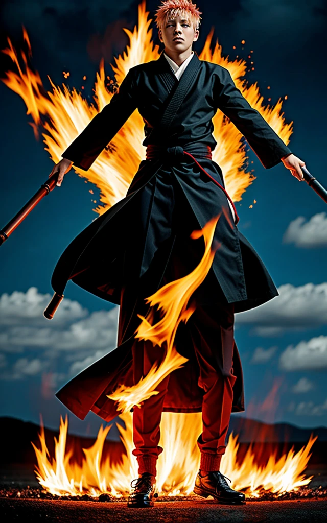 Full body picture ok Sukuna from jujutsu kaisen and fire in his eyes and background