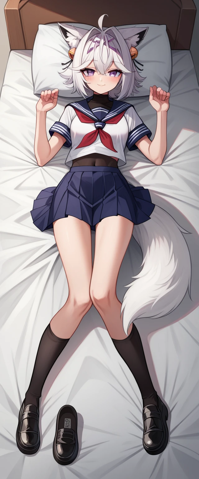 UHD, masterpiece, accurate, best quality, Messy Bed, 1girl, solo, FilianSailor, fluffy fox tail, fox ears, white hair, short hair, ahoge, hairclip, hair bell, deep purple eyes, blush, seductive smile, serafuku, red neckerchief, swimsuit under clothes, covered navel, blue skirt, black thighhigh, school black shoes with heals, slim arms, slim legs, Eye-Level Shot, full body pose, seductive pose, outgoing pose, lying on bed,