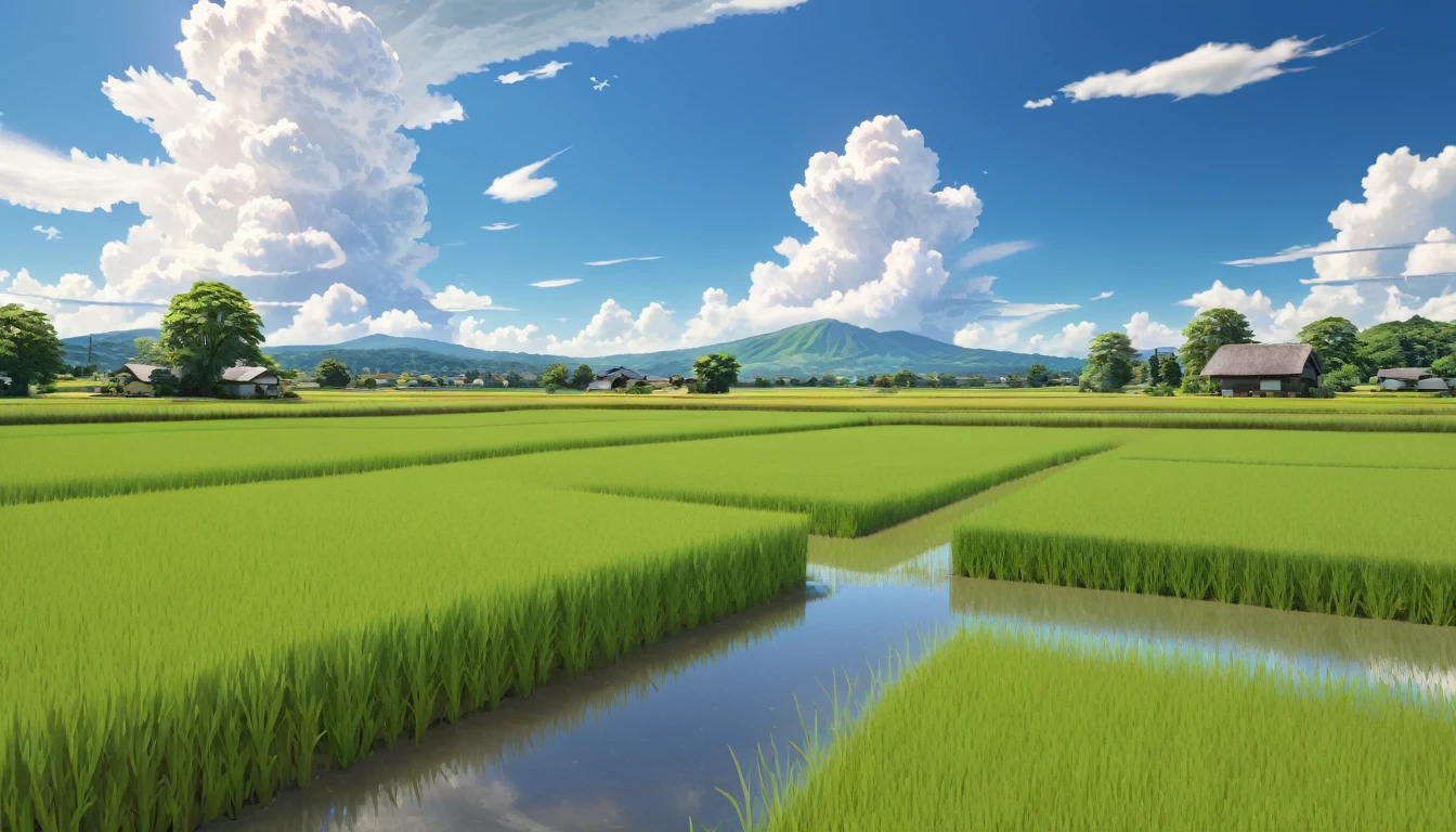 Japanese countryside,Rice Field,Midsummer,cumulonimbus,sunny,Daytime,Highest quality, 8k, High resolution, masterpiece:1.2, Very detailed, Realistic:1.37, High resolution, 超High resolution, Very detailed, Professional, Vibrant colors