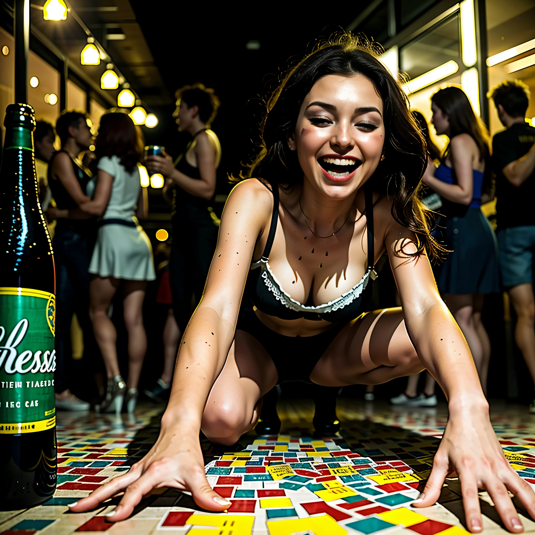 A girl gets drunk and passes out、Half dressed girl、Crazy  scene、Empty bottles、Smoky room、Disheveled Hair、My makeup has smudged、Fallen、Lost consciousness、Wine Bottle、Dirty floor、Party Shards、Confetti、Beer cans、nightclub lights、Dancing crowd、Blurred vision、Blurred Scenery、Wild Night Out、Alcohol-induced haze、Dazzling lights and sounds、Loud music、An atmosphere of madness、 goers celebrating、Bright colors、excessive drinking、Laughter from partygoers、Glassy Eyes、Disorientation、A precarious balance、Unbridled Dance、Reckless behavior、Euphoria、joy、excited、Indulgence、drunkenness、chaos、waste、Incoherent conversation、Mischievous Smile、Severe headache、nausea、regret、Tomorrow&#39;s Chaos、debauch、Excessive Indulgence、Adventure Night、An unforgettable experience、Vague memories、sleepless、Waking up with a hangover、(highest quality、4K、8k、High Resolution、masterpiece: 1.2)、Super detailed、(Real、Photorealistic、Photorealistic: 1.37)、Bright colors、bokeh、Wild Night Unfolding、Disorientation reality、natural breasts, realistic hands. [The character is surrounded by mist, evoking a mysterious and eerie atmosphere. The lighting is dark and atmospheric, with smoke adding a touch of sinister ambiance. Best quality image, HDR enhancement, showcasing the utmost level of detail and realism, full body shot:1.5]. [8K, Best Quality, Ultra High Resolution, (highly detailed CG unity 8k wallpaper), (best photo), (best shadows), isometric 3D, octane rendering, ray tracing, highly detailed, (Best quality, 4K, 8k:1.2), absurdity, ultra detailed, (realistic, photorealistic, photorealistic:1.37), complex parts, HDR, (complex parts:1.12), (hyper detailed, hyper realistic, Soft lighting, spicy:1.2), (complex parts, Hyper detailed:1.15). Blurred foreground. (backlit), masterpiece, high quality, brightness, chromatic aberration, foggy smoke, shadows, contrast, clear sky, (warm hue, warm tone), high details, natural reflections]. (YES SFW), nphot