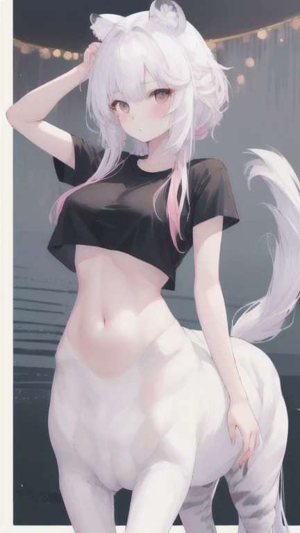 (best quality, masterpiece), 1 girl, centaur, It takes, White skin, Korean ,daughter, black pink,exposing the abdomen, belly button t-shirt , 아름다운 소녀 perfect white tiger photo, perfect white tiger photo